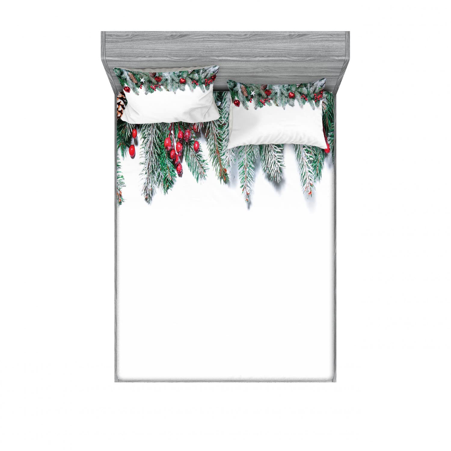 Ambesonne Christmas 2-Pack Fitted Sheet & Pillow Sham Set - Stars Berries Holiday Design, 4-Piece Bedding Decor (2 Twin XL Fitted Sheets & 4 Standard Pillow Covers) in Festive Red & Green - Perfect for Holiday Guest Rooms, Christmas Bedroom Decor & Winter Themed Home Styling