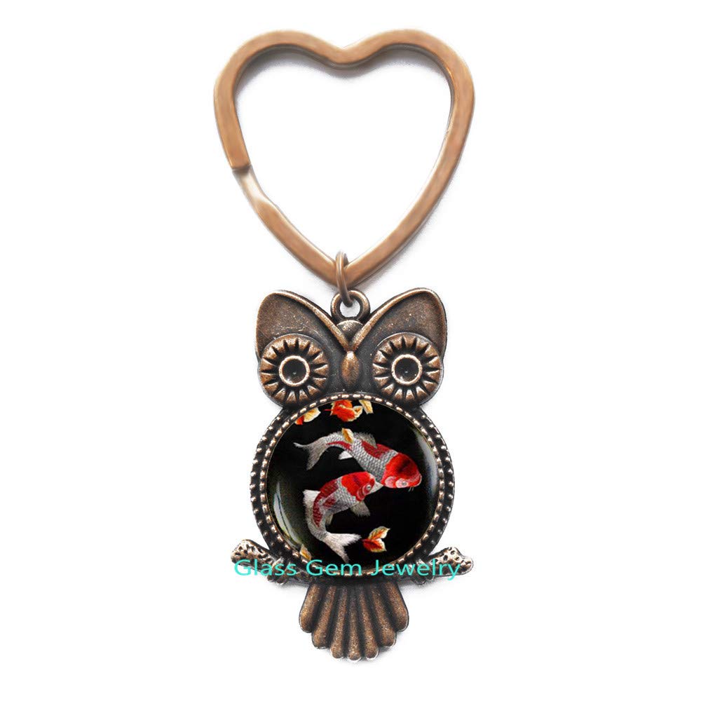 Handmade Glass Gem Koi Fish Owl Keychain - Japanese Art Key Ring, Asian Inspired Jewelry for Gifts & Home Decor - Perfect for Keychains, Bags & DIY Crafts
