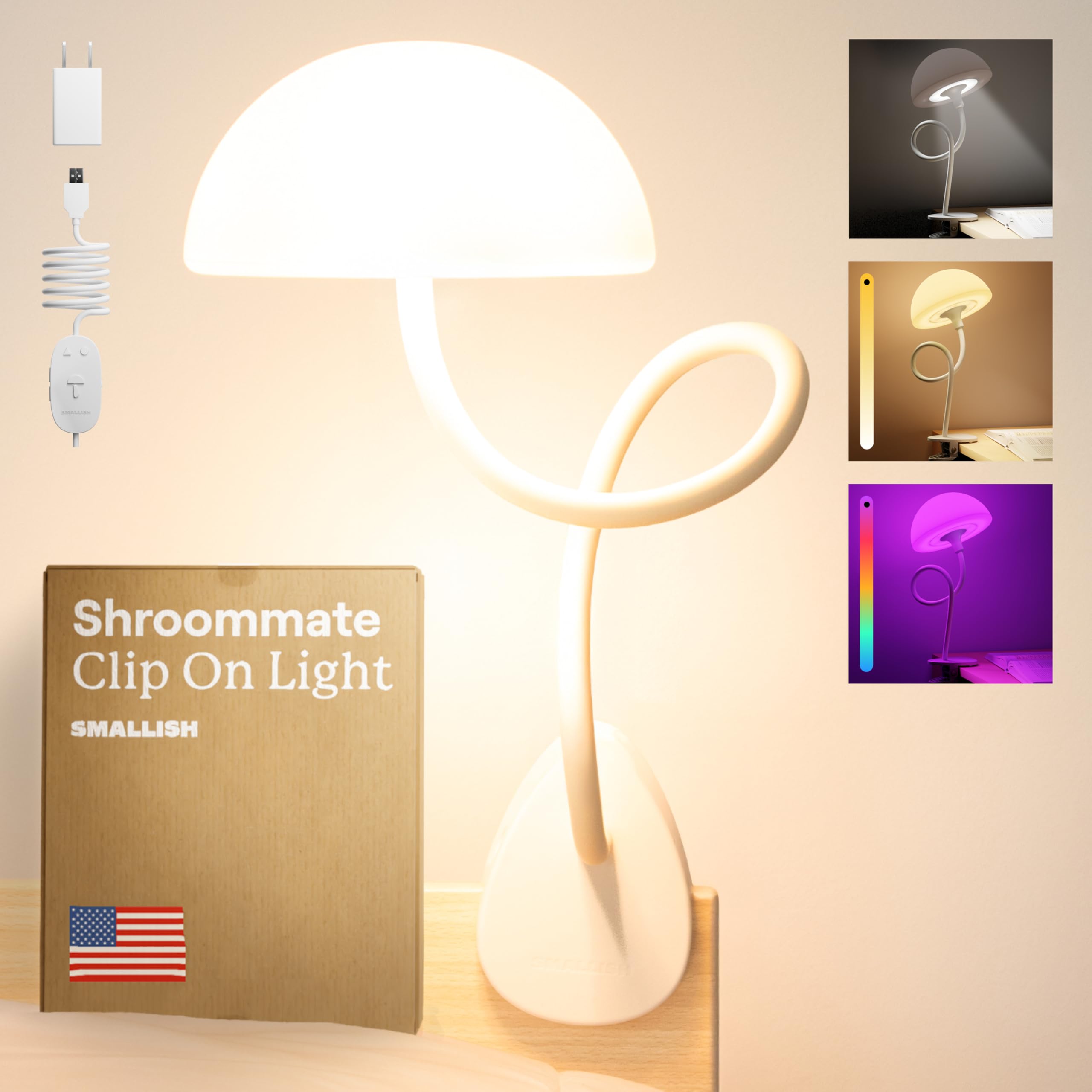 Shroommate Clip On Light - Adjustable LED Bedside Table Lamp with Multicolor Changing Lights, Perfect for Reading, Night Light for Kids Nursery, Clip on Desk or Bed Headboard, Includes Adapter (White) - Ideal for Bedrooms, Dorms, and Cozy Reading Nooks