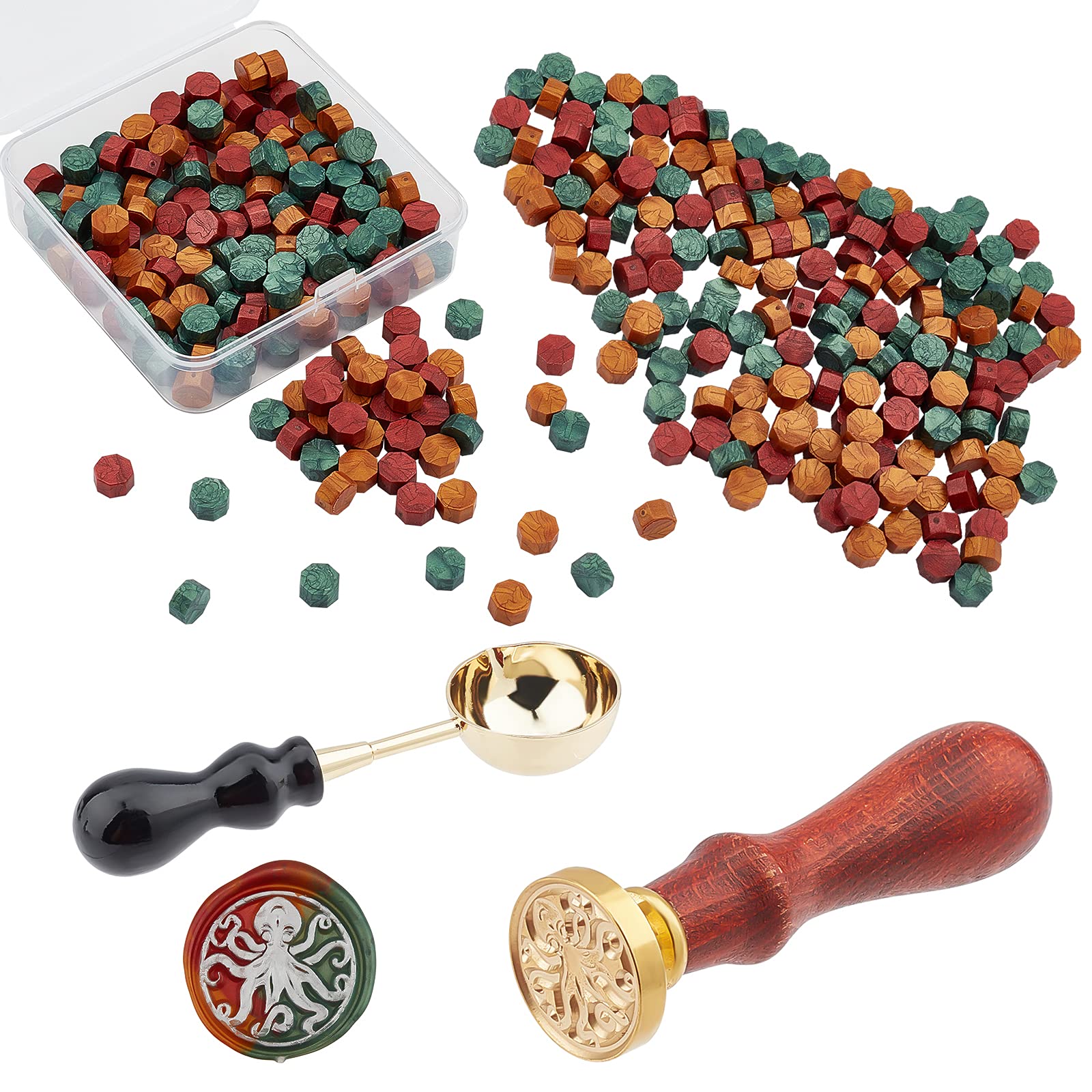 CRASPIRE Wax Seal Stamp Kit - Octopus Design with 180 Wax Beads (Teal, Red, Orange) & Melting Spoon for Wedding Invitations, Holiday Cards, DIY Crafts & Gift Wrapping