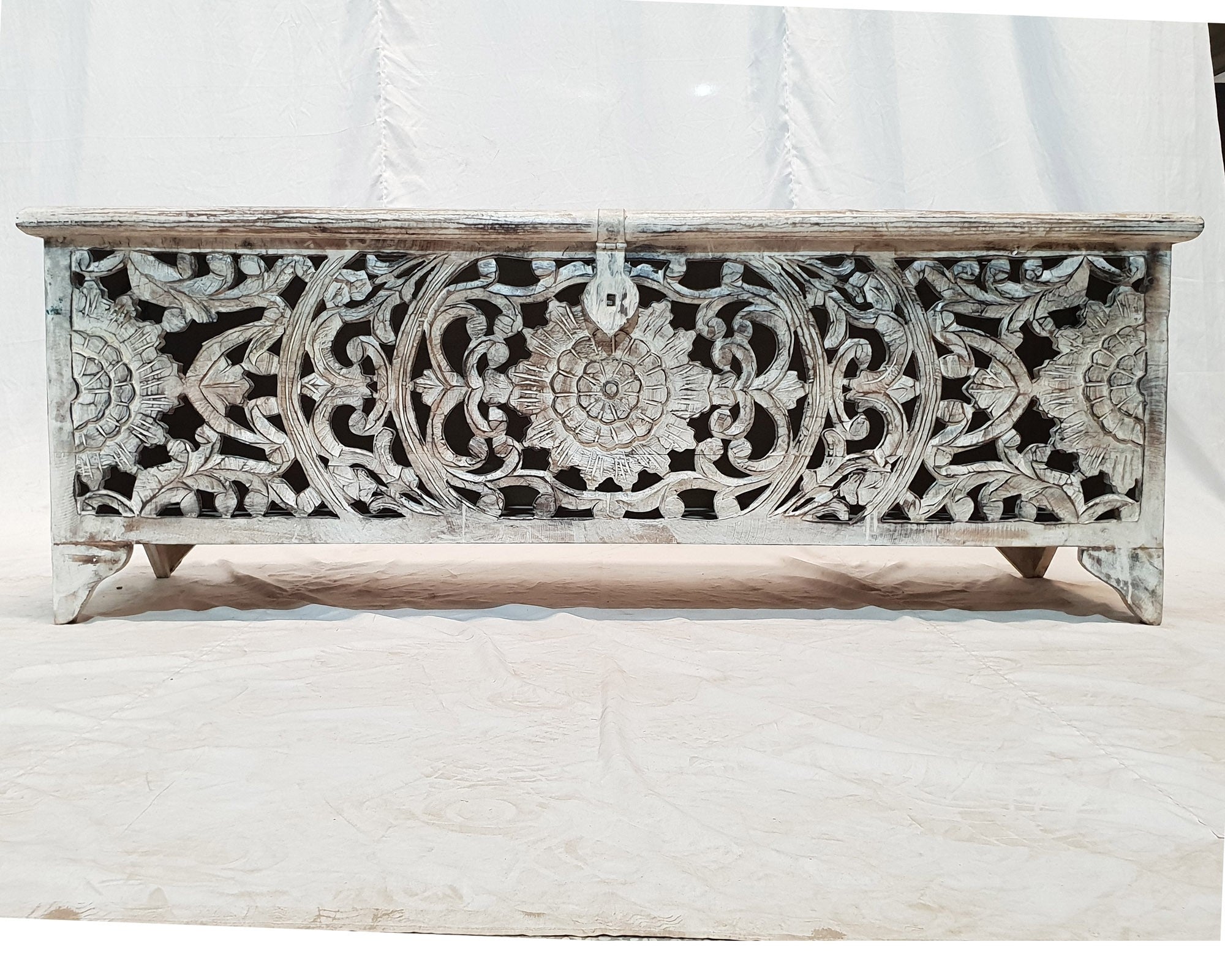 French Hand Carved Blanket Box - Whitewashed Rustic Storage Chest 55x17x20 Inches - Perfect for Bedroom, Living Room & Farmhouse Decor