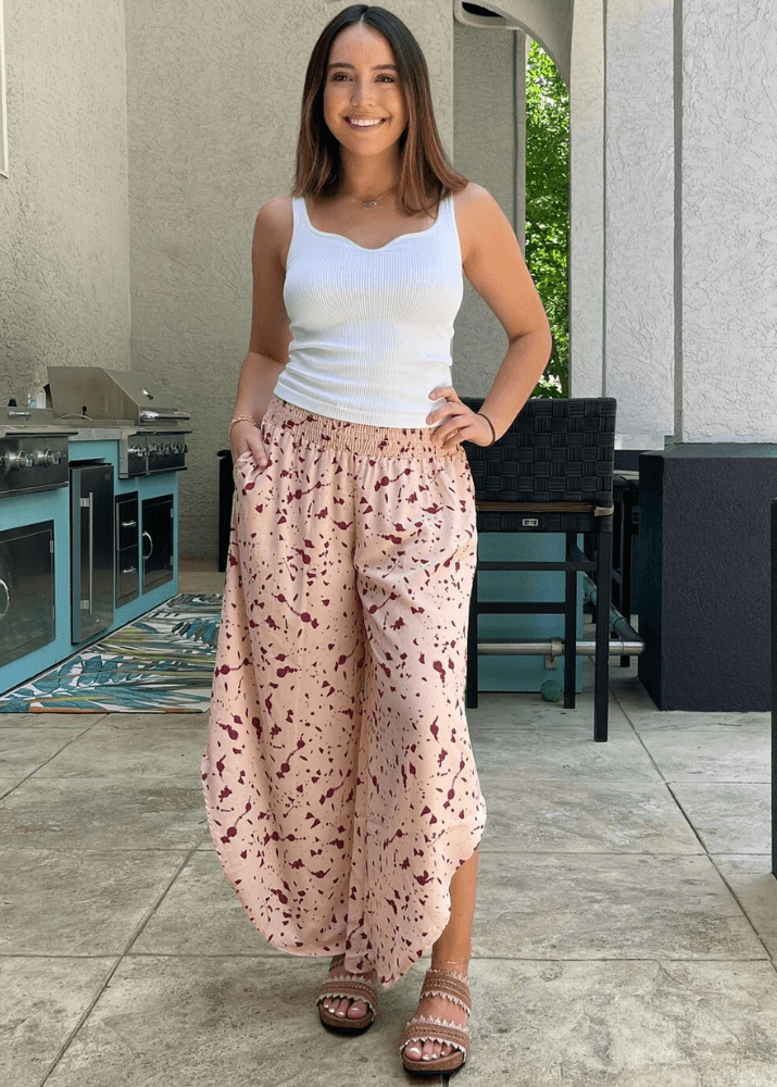 Easy Breezy Smocked Diagonal Cut Gaucho Pants for Women - Soft Pink Comfortable High Waisted Casual Palazzo Trousers | Perfect for Summer Outfits, Beach Vacations & Boho Fashion