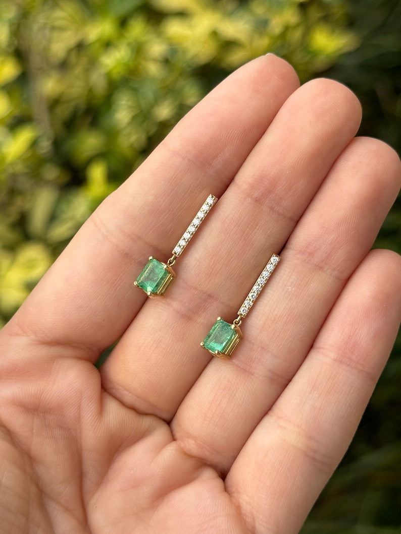 2.20tcw 14K Gold Natural Emerald & Pave Diamond Bar Dangle Earrings for Women – Elegant Luxury Jewelry Gift for Brides, Party & Special Occasions