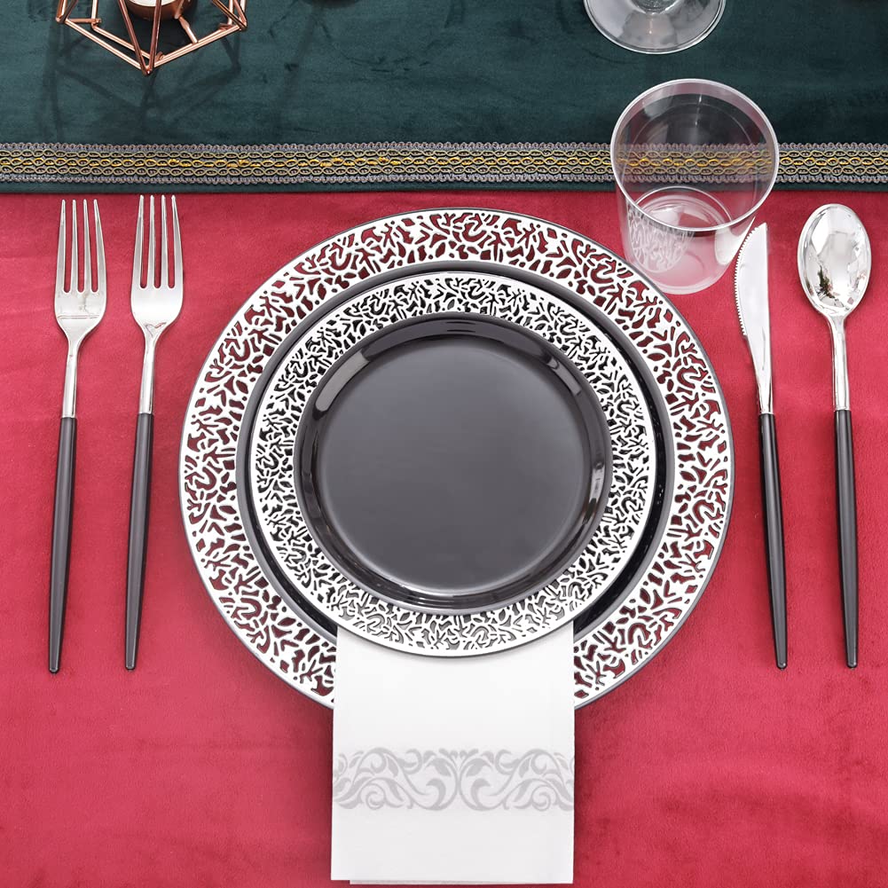 350-Piece Black & Silver Plastic Dinnerware Set - Disposable Plates, Silverware & Napkins for 50 Guests - Elegant Party Supplies for New Year Celebrations, Weddings & Special Events