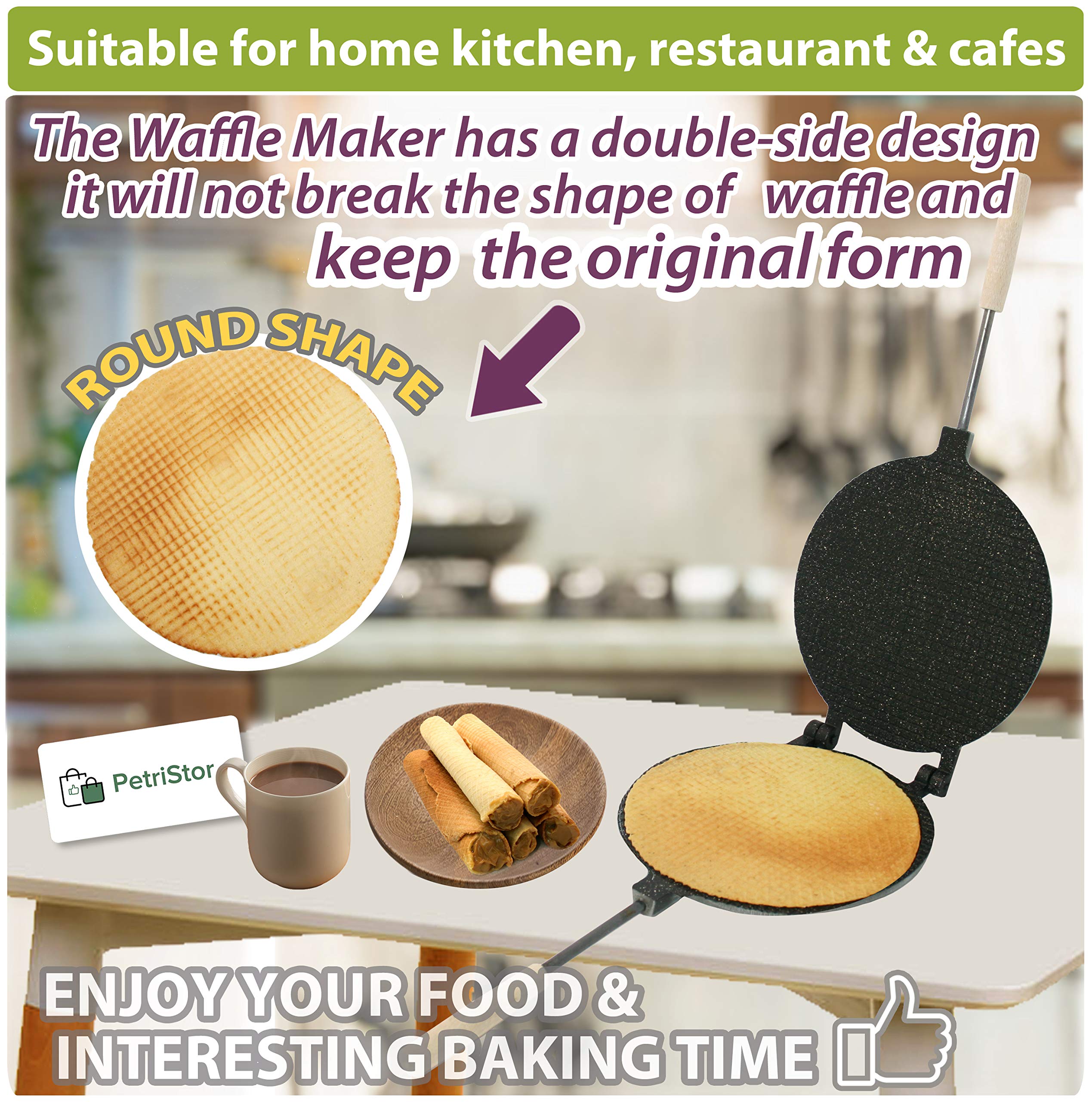 PetriStor 8-Inch Round Waffle Maker with Nonstick Coating - Electric Waffle Cone, Krumkake, Stroopwafel & Ice Cream Cone Maker Machine for Home & Commercial Use - Perfect for Bakeries, Cafes & Dessert Shops