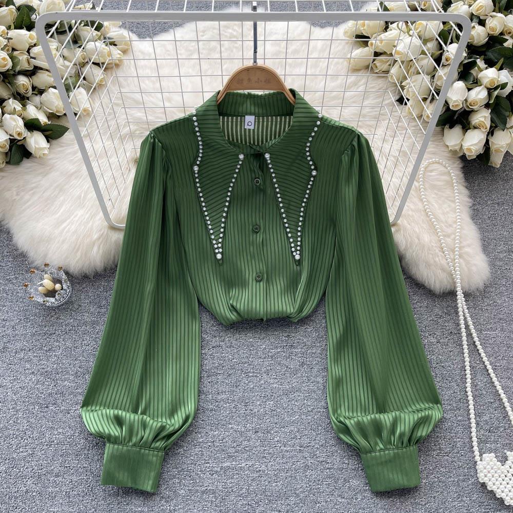 Beaded Lantern Sleeve Blouse Women's Autumn Fashion Top 467 - Perfect for Fall Outfits, Office Wear & Holiday Parties