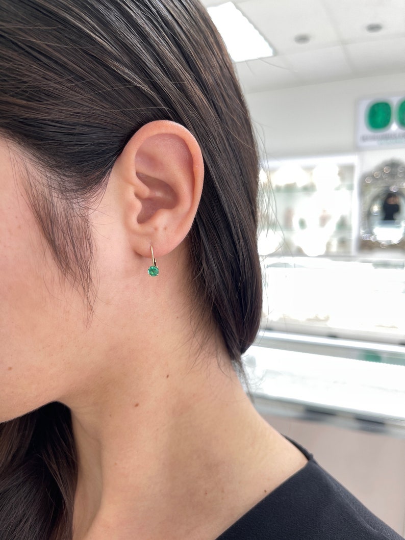 0.80tcw 14K Yellow Gold Round Emerald Leverback Earrings for Women - Dainty Green Gemstone Stud Earrings for Everyday Wear & Special Occasions
