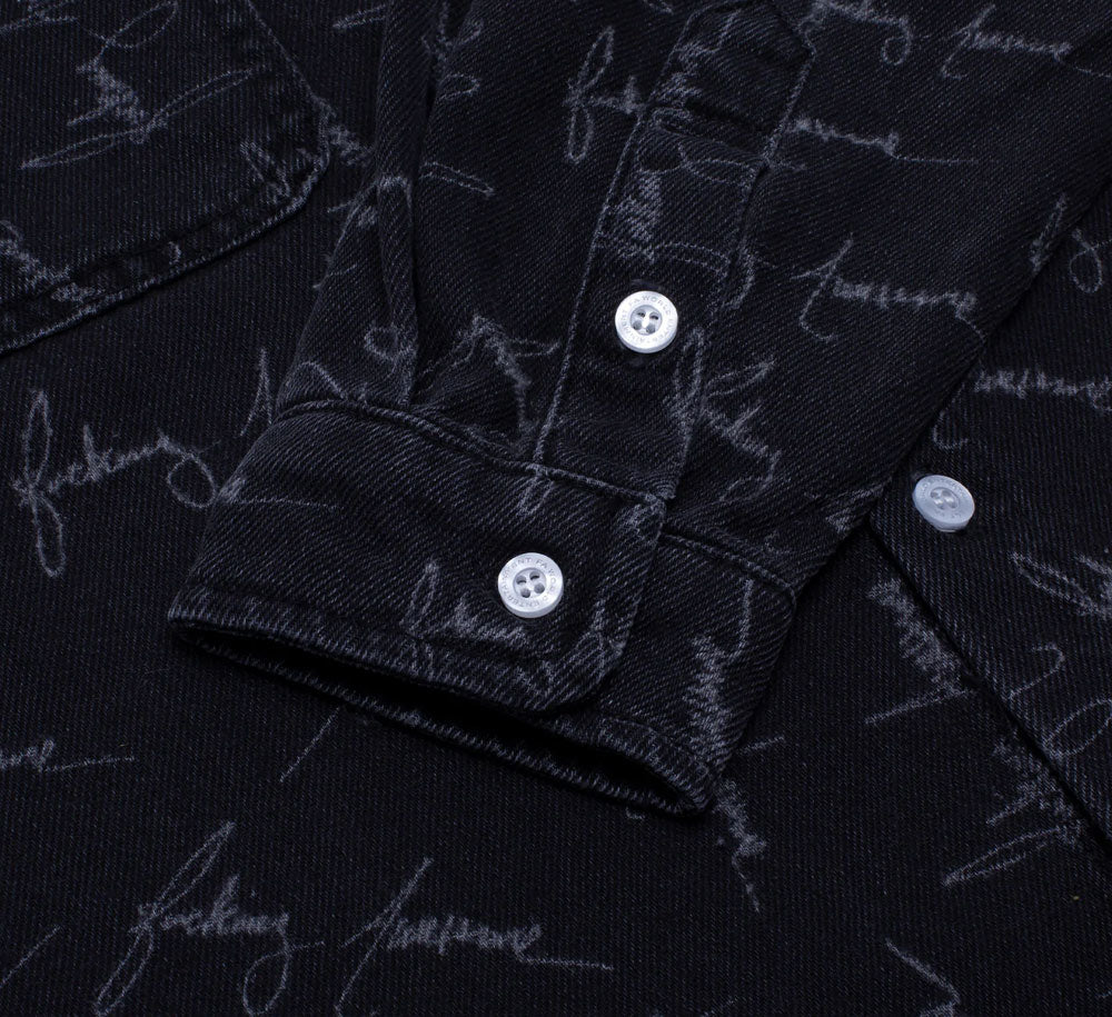 Vintage Washed Denim Overshirt for Men & Women - Cursive Lettering Casual Shirt Jacket for Streetwear & Layering