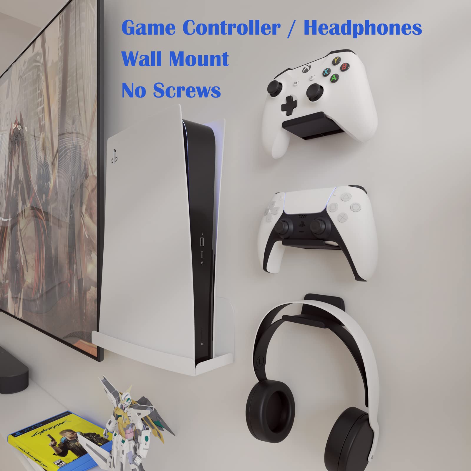 2-Pack Universal Headphone/Controller Wall Mount Holder with 3M Adhesive - No Screws Needed for PS5/PS4/Xbox Gamepads - Perfect for Gaming Room Organization & Space Saving (Black)