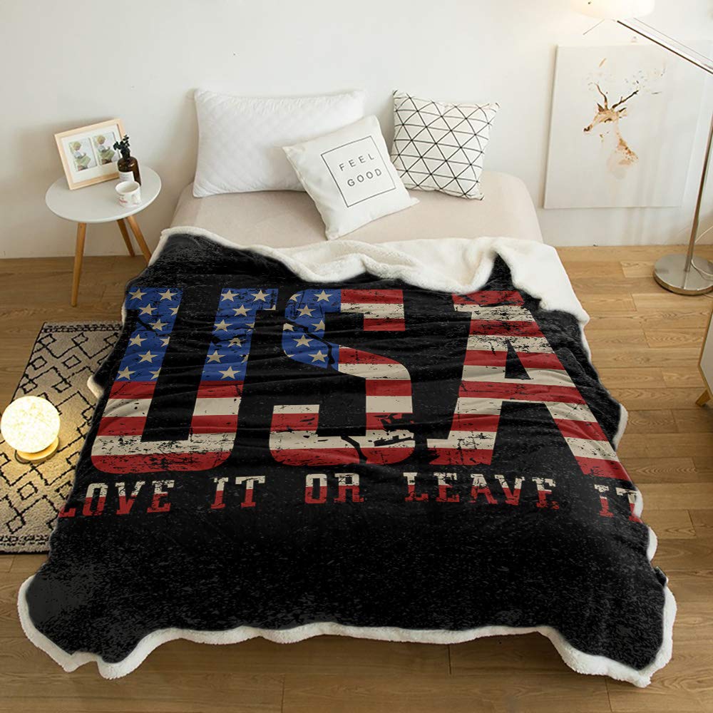 Sherpa Fleece Throw Blanket - Patriotic USA Flag Design - Ultra Soft & Cozy Plush Microfiber Blanket - 50x80 Inch Warm Blanket for Couch, Bed, Sofa - Perfect for Winter, Camping, Movie Nights & Home Decor