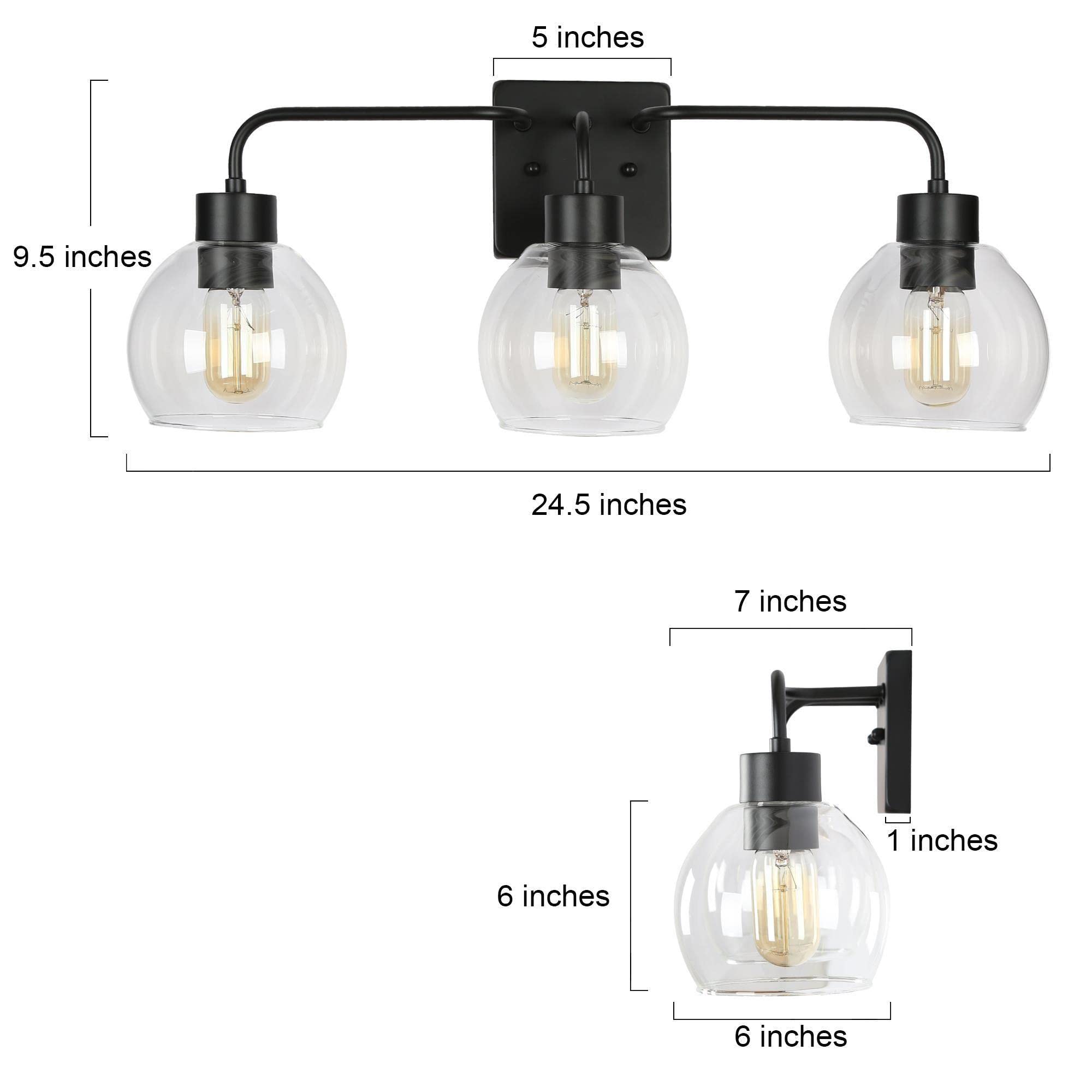 ZEVNI Black Vanity Light - 3-Light Mid Century Modern Bathroom Fixture with Clear Globe Glass Shade (24.5