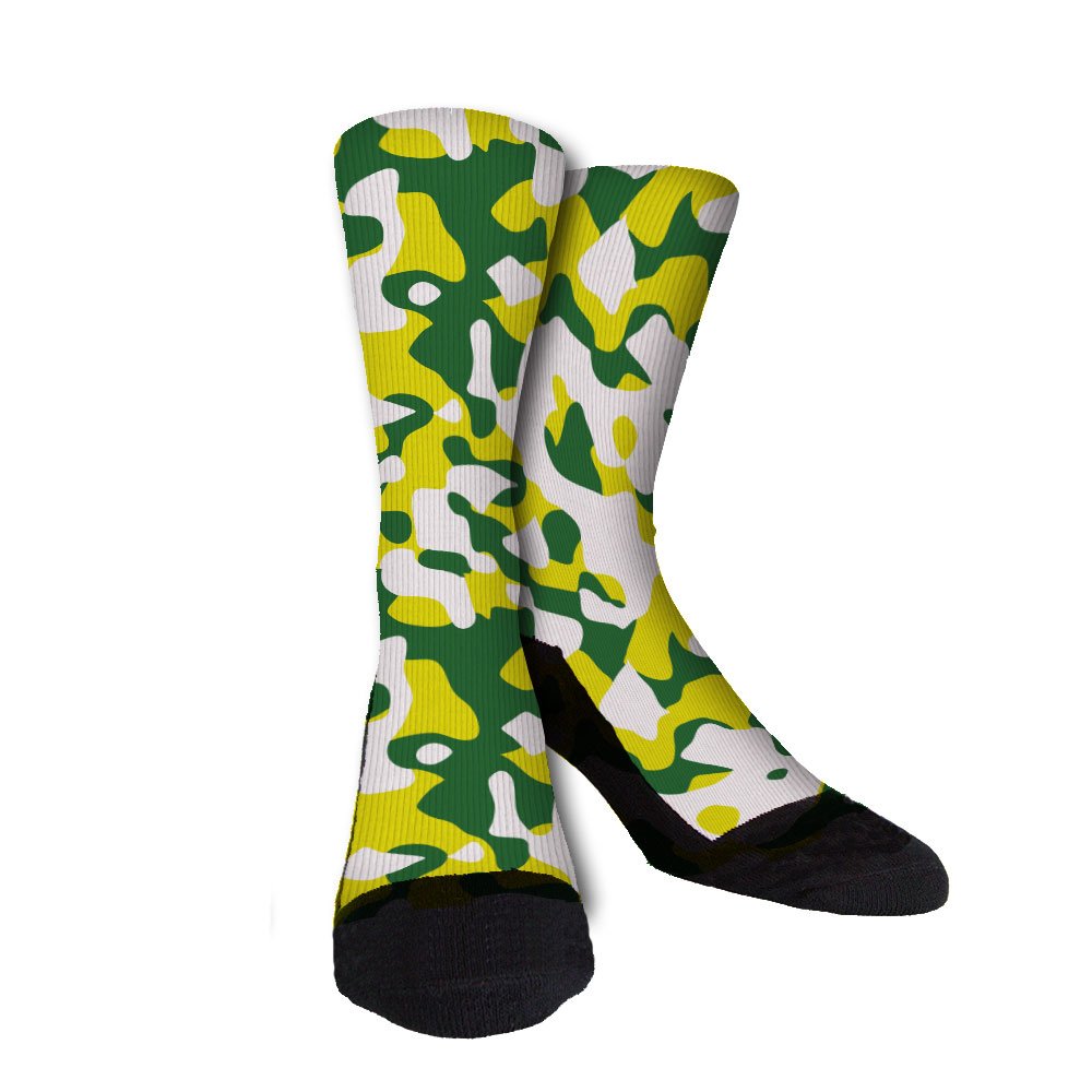 Green Yellow White Camo Unisex Casual Crew Socks - Comfortable & Stylish for Men & Women - Perfect for Hiking, Gym, or Everyday Wear