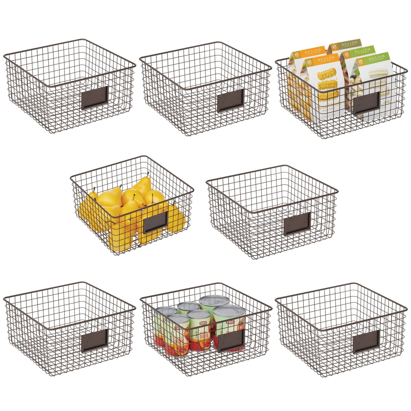 mDesign 8-Pack Square Steel Wired Storage Baskets with Label Slots - Kitchen Pantry Organizer for Food, Drinks, Snacks & Produce - Cabinet Storage Solution (Bronze, Omaha Collection) | Perfect for Pantry Shelving, Refrigerator Organization & Closet Storage