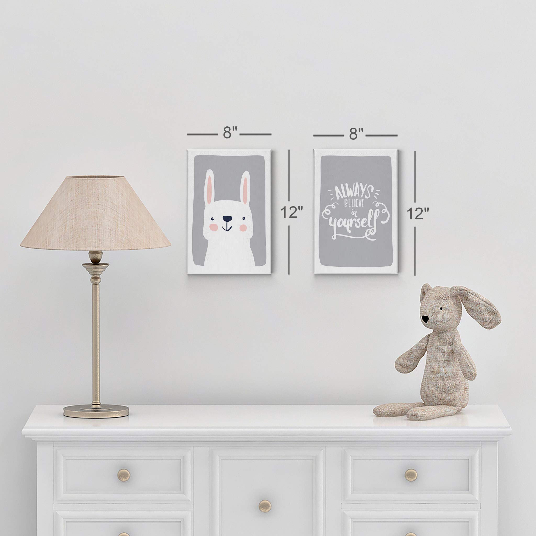 Cute Rabbit & Motivational Quote 2-Piece Canvas Wall Art Set - Gray Background Nursery Decor for Baby Boy & Girl Rooms (40x30 Inches, Rolled) | Made in USA | Perfect for Kids' Bedroom, Playroom & Nursery Wall Decor