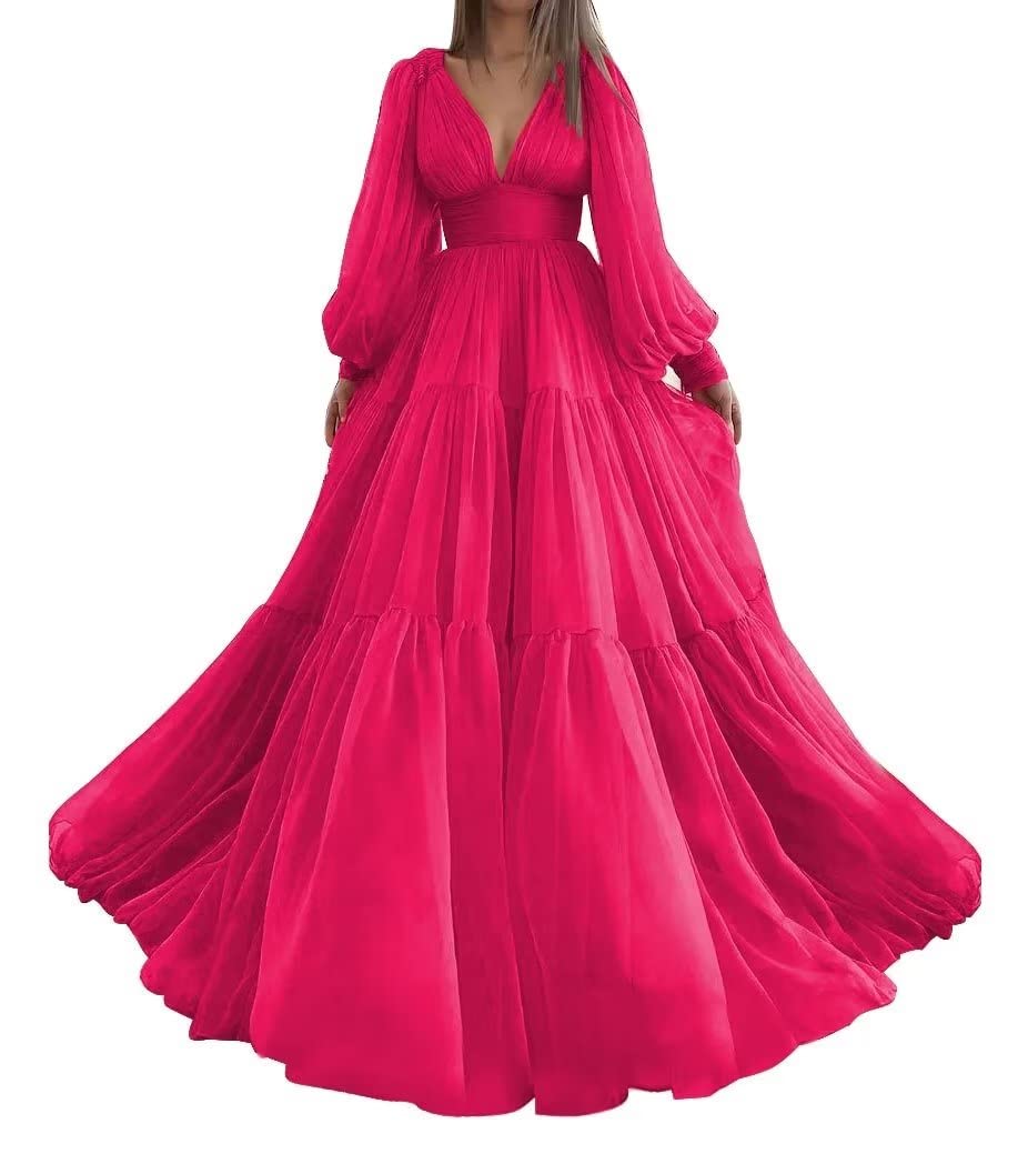 Elegant Long Sleeve V-Neck Tulle Ball Gown Prom Dress for Women | A-Line Formal Evening Wedding Dress in Rose Red | Size 26 | Perfect for Prom, Homecoming, Quinceañera & Black Tie Events