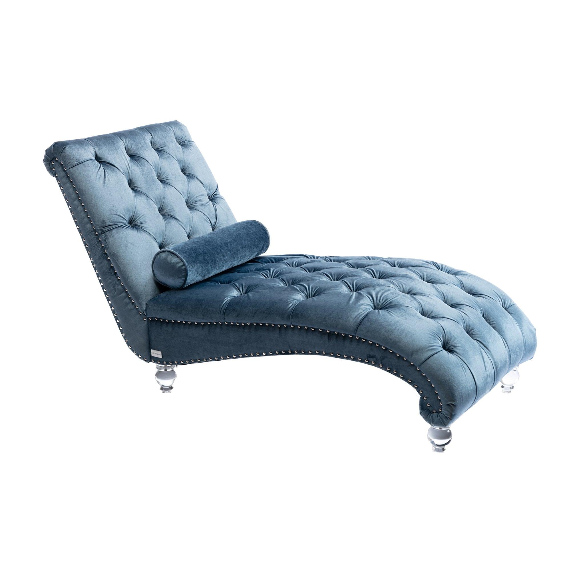 Luxury Velvet Chaise Lounge Chair - Button Tufted Upholstered Sofa with Pillow for Bedroom, Living Room & Office - Light Blue Velvet - Perfect for Relaxing, Reading & Home Decor