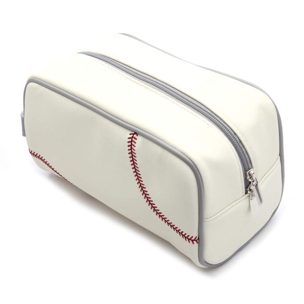 **Army Baseball Leather Travel Toiletry Kit - Genuine Leather Zippered Pouch Bag with Red Stitching - White - Durable & Stylish for Men's Grooming, Travel & Gym Essentials**    *(Perfect for Military, Camping, Business Trips & Everyday Use)*