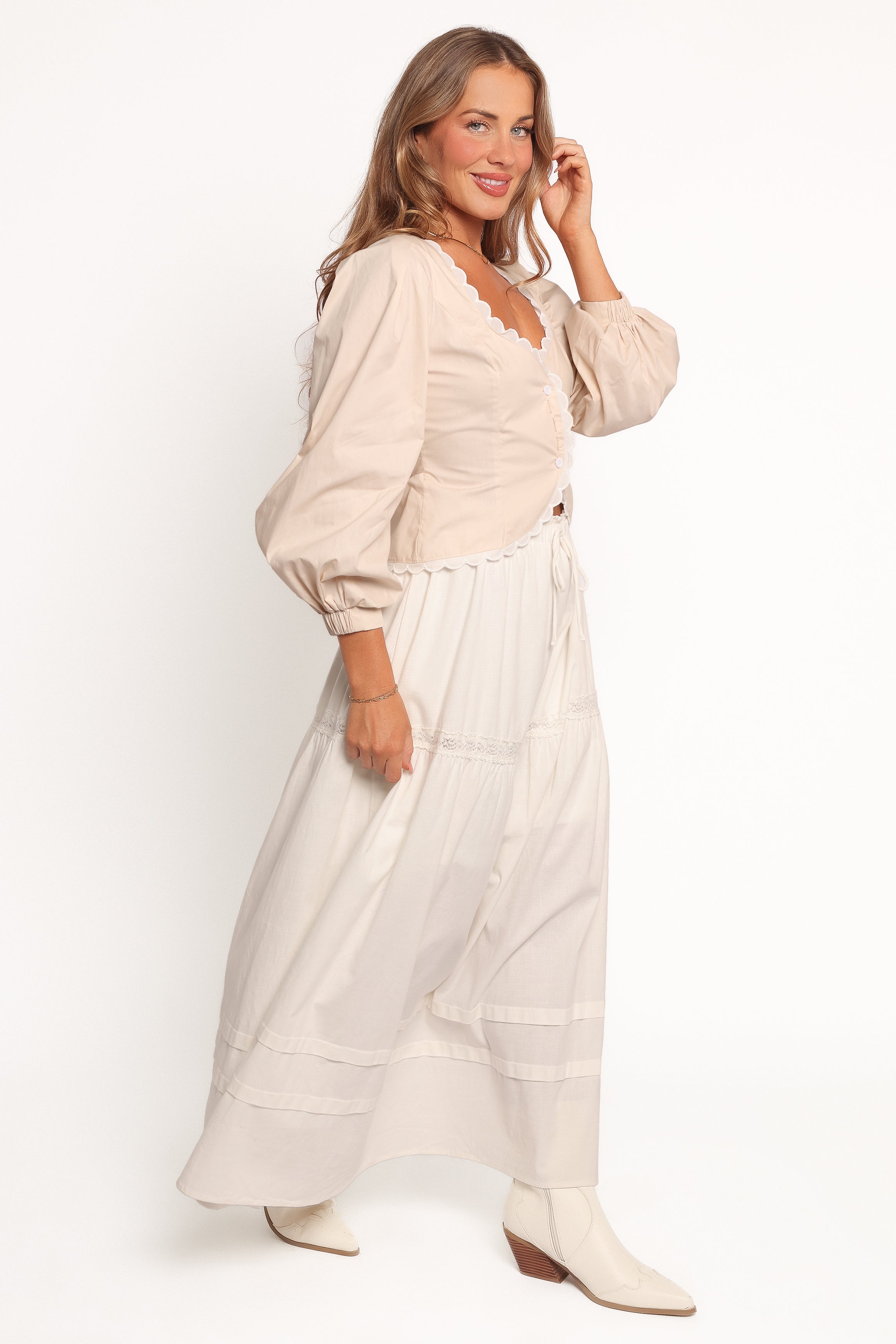 Darlia Women's White Tiered Maxi Skirt - Flowy Boho Long Skirt for Summer, Beach, Vacation & Casual Outfits
