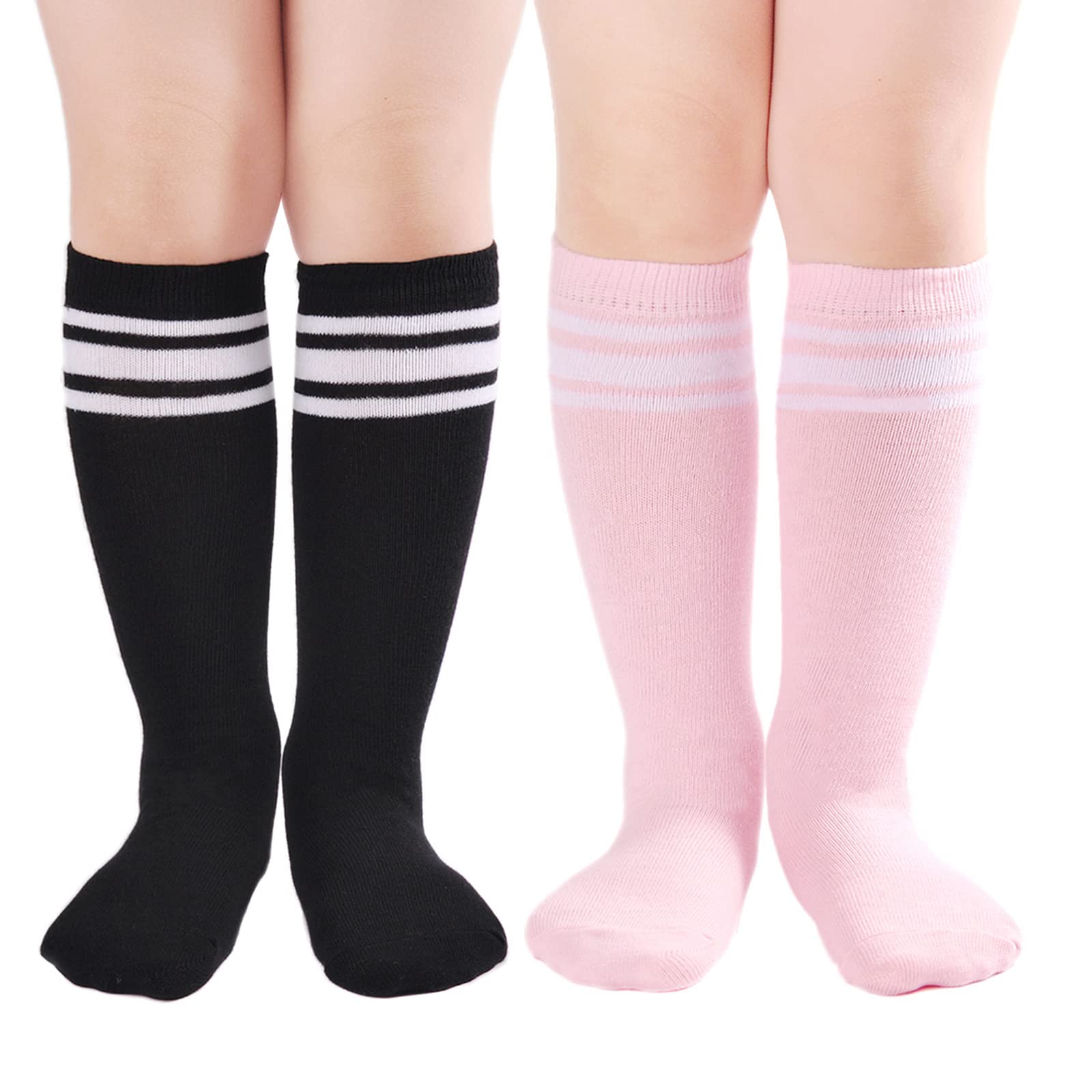 **Boys Girls Cotton Knee High Soccer Socks - 2/3/6 Pairs Pack, Striped Sports Socks for Toddlers & Kids - Perfect for School Uniform, Soccer Games & Daily Play**