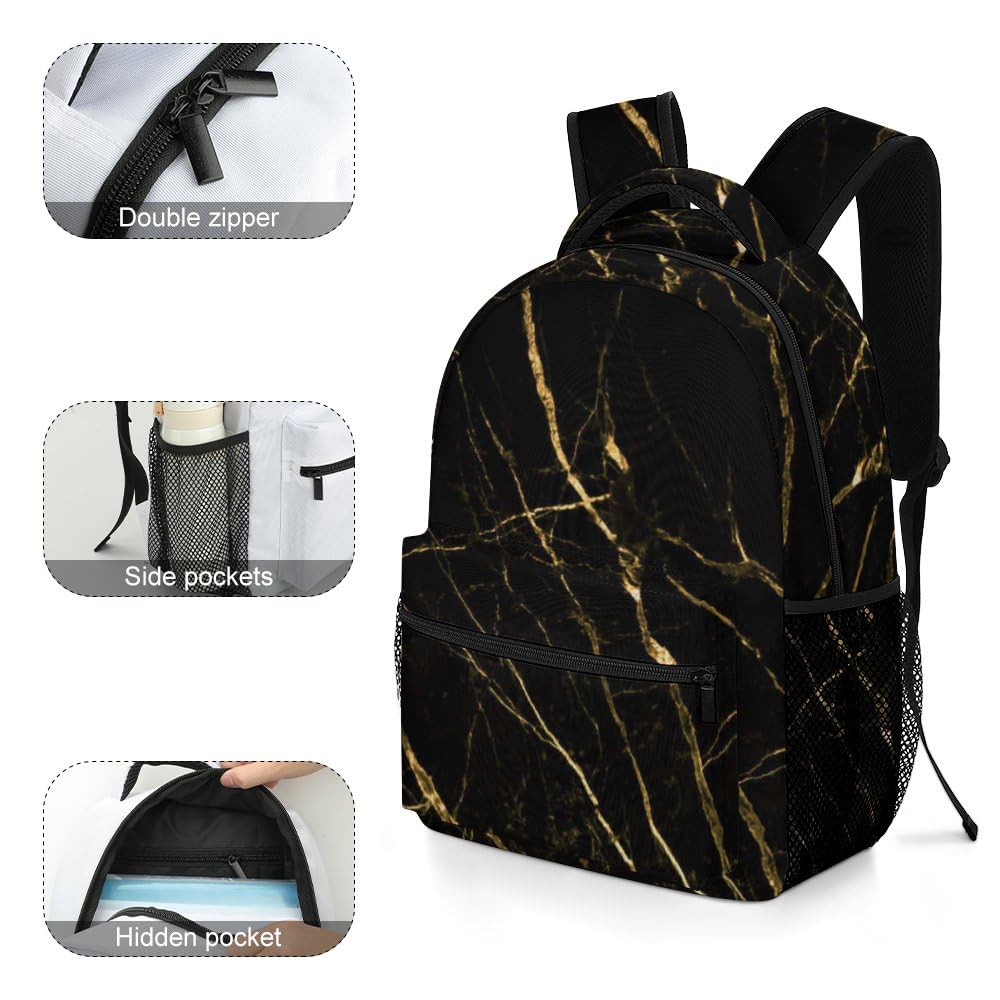 Black Gold Marble Backpack for Kids, Men & Women - Stylish School & Travel Daypack for Boys & Girls - Perfect for School, Commuting & Outdoor Adventures