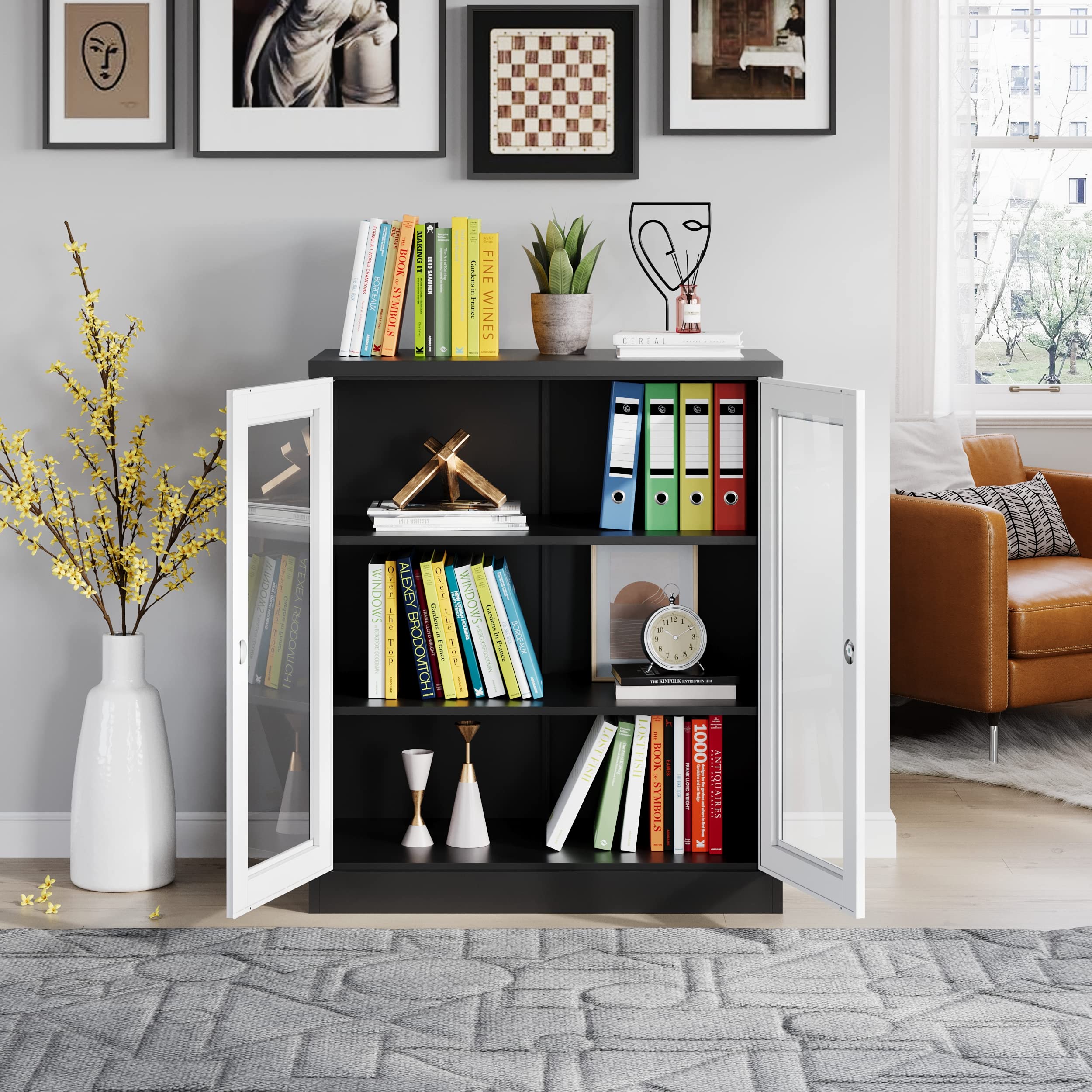 MIIIKO Metal Display Cabinet with Glass Doors & Lock - 2 Adjustable Shelves Storage Locker for Home, Office, School, Kitchen & Living Room - Perfect for Showcasing Collectibles, Storing Valuables & Organizing Spaces