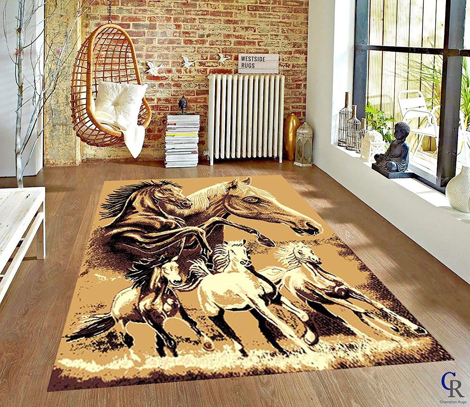 Champion Rugs Western Lodge Running Horse Area Rug 5’3”x7’5” for Living Room, Bedroom, or Cabin Decor