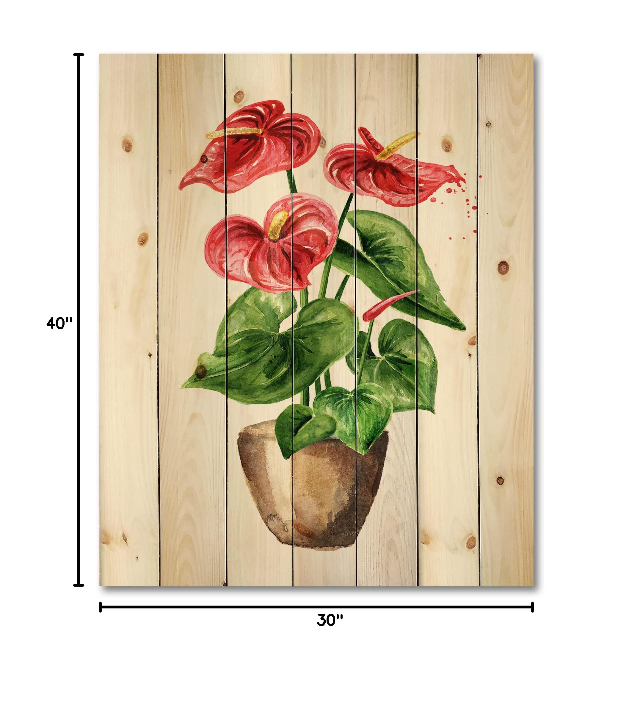 Anthurium Tailflower Flamingo Flower Pot - Traditional Red Wood Wall Decor, Large Floral Pine Wood Wall Art Panel - Perfect for Living Room, Bedroom & Office Decoration