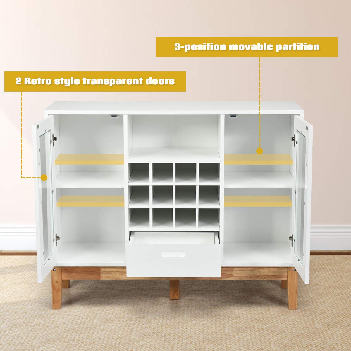Giantex Buffet Sideboard with Wine Rack - Wooden Kitchen Storage Cabinet with 2 Doors, Drawer & Open Shelf - White & Natural Finish - Perfect for Dining Room, Living Room & Home Bar Organization