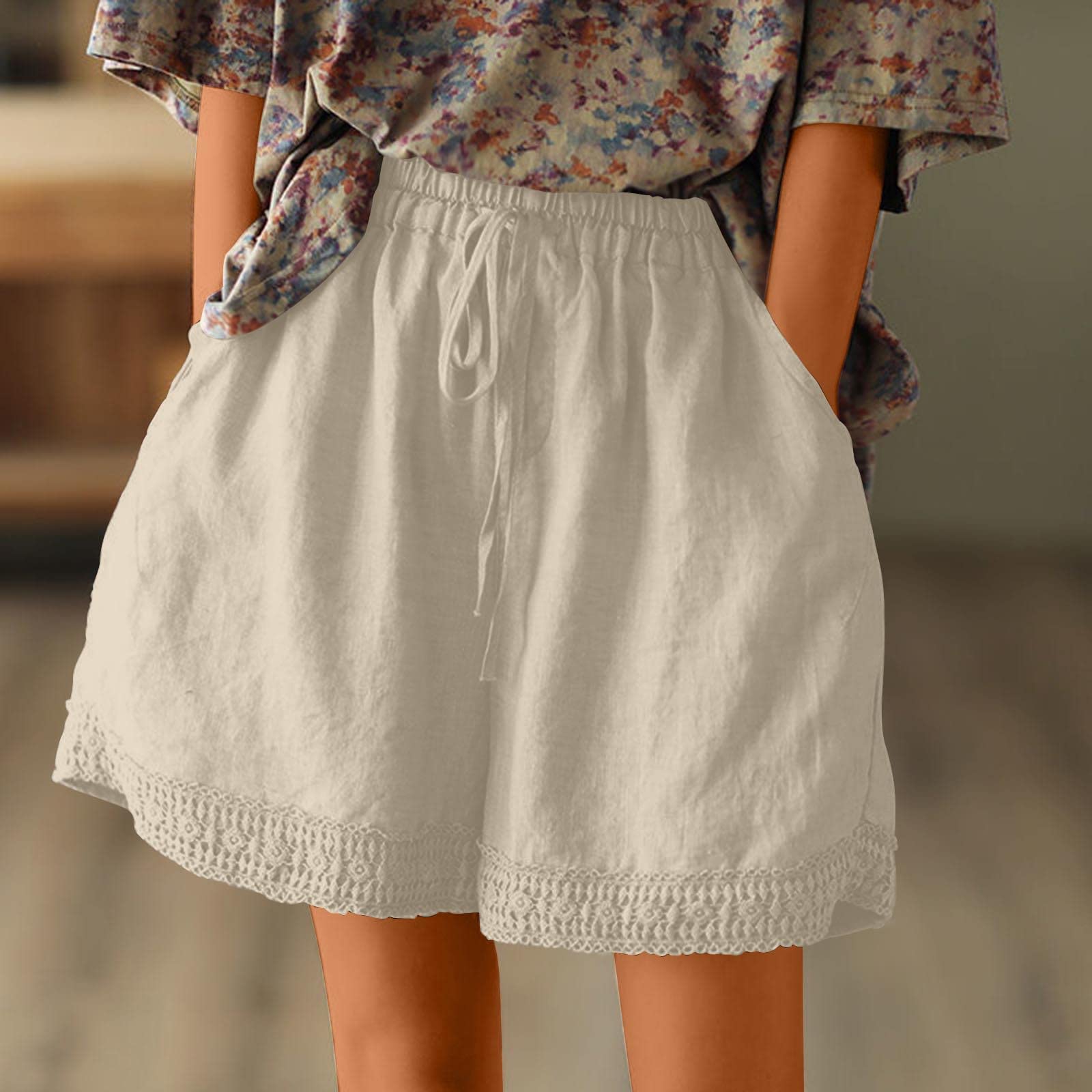 Women's Linen Shorts with Pockets - Drawstring Waist for Summer Comfort