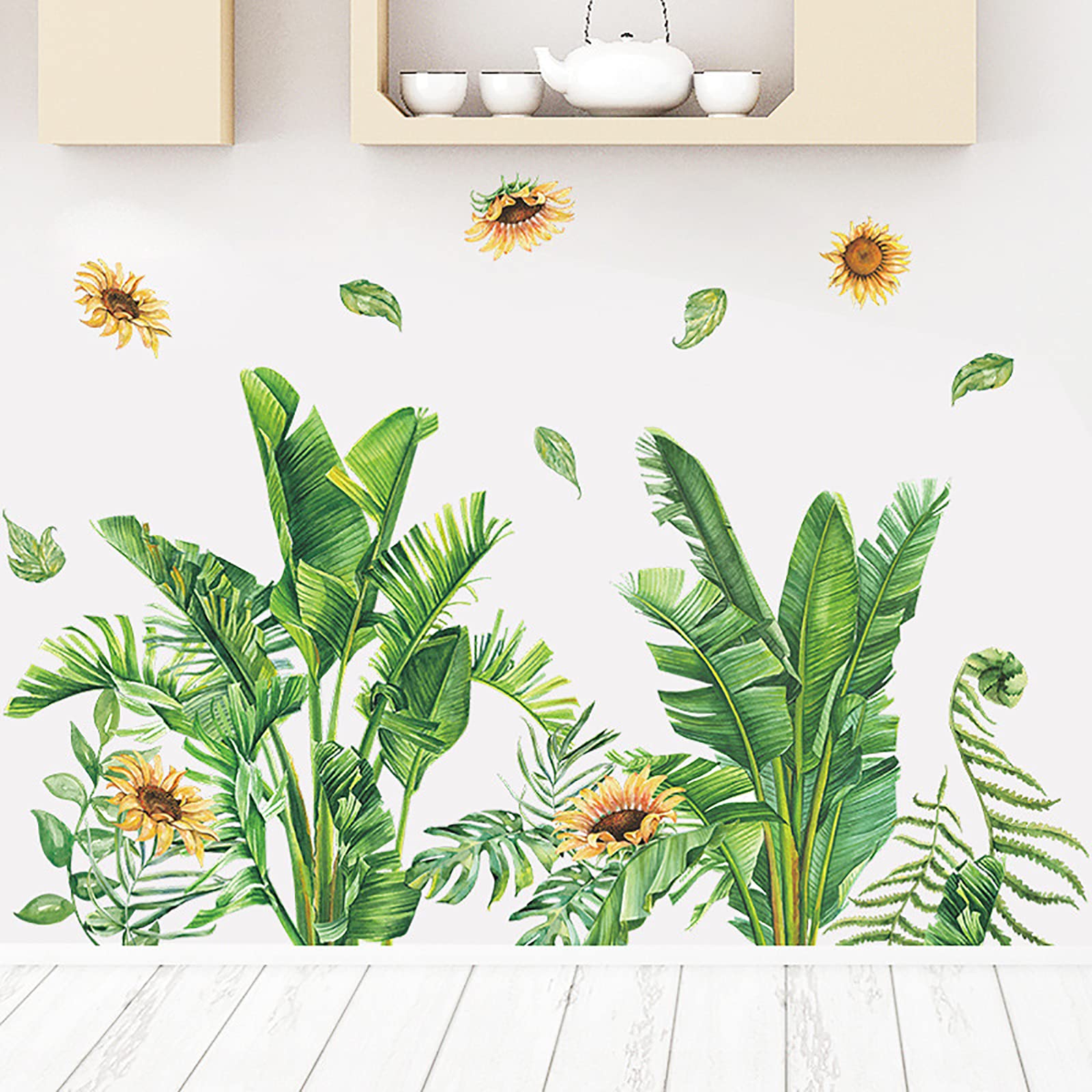Tropical Leaves & Sunflower Removable Wall Decals - Peel and Stick Vinyl Wall Stickers for Living Room, Kids Room, Bedroom & Playroom Decor - Perfect for Nursery, Dorm, Office & Home Interior Design