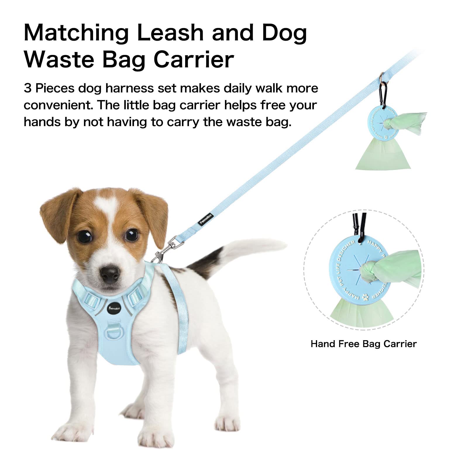 Petmolico Small Dog Harness - Adjustable Puppy Vest with 2 Leash Clips & Soft Handle | Reflective Easy Walk Harness for Small Breeds (Light Blue, Small) | Perfect for Walking, Training & Outdoor Adventures