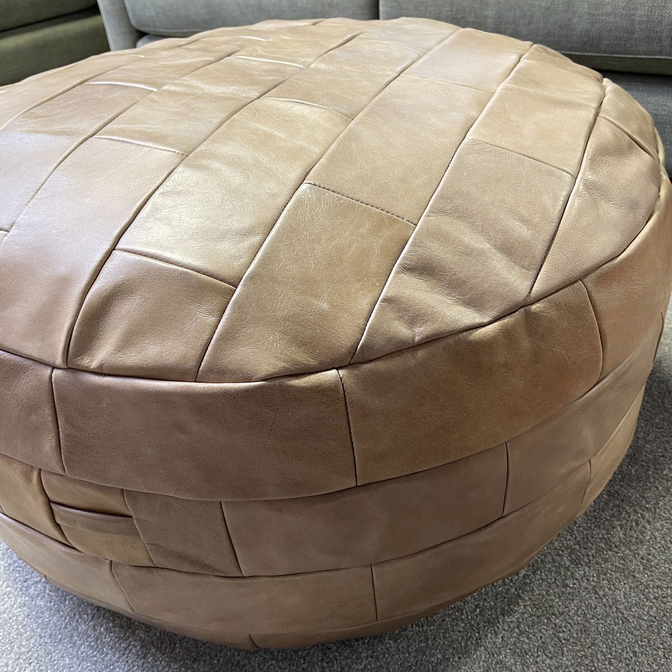 Round Leather Ottoman Footstool - Patch Tan Genuine Leather Pouf for Living Room, Bedroom & Lounge - Stylish & Comfortable Seating or Footrest