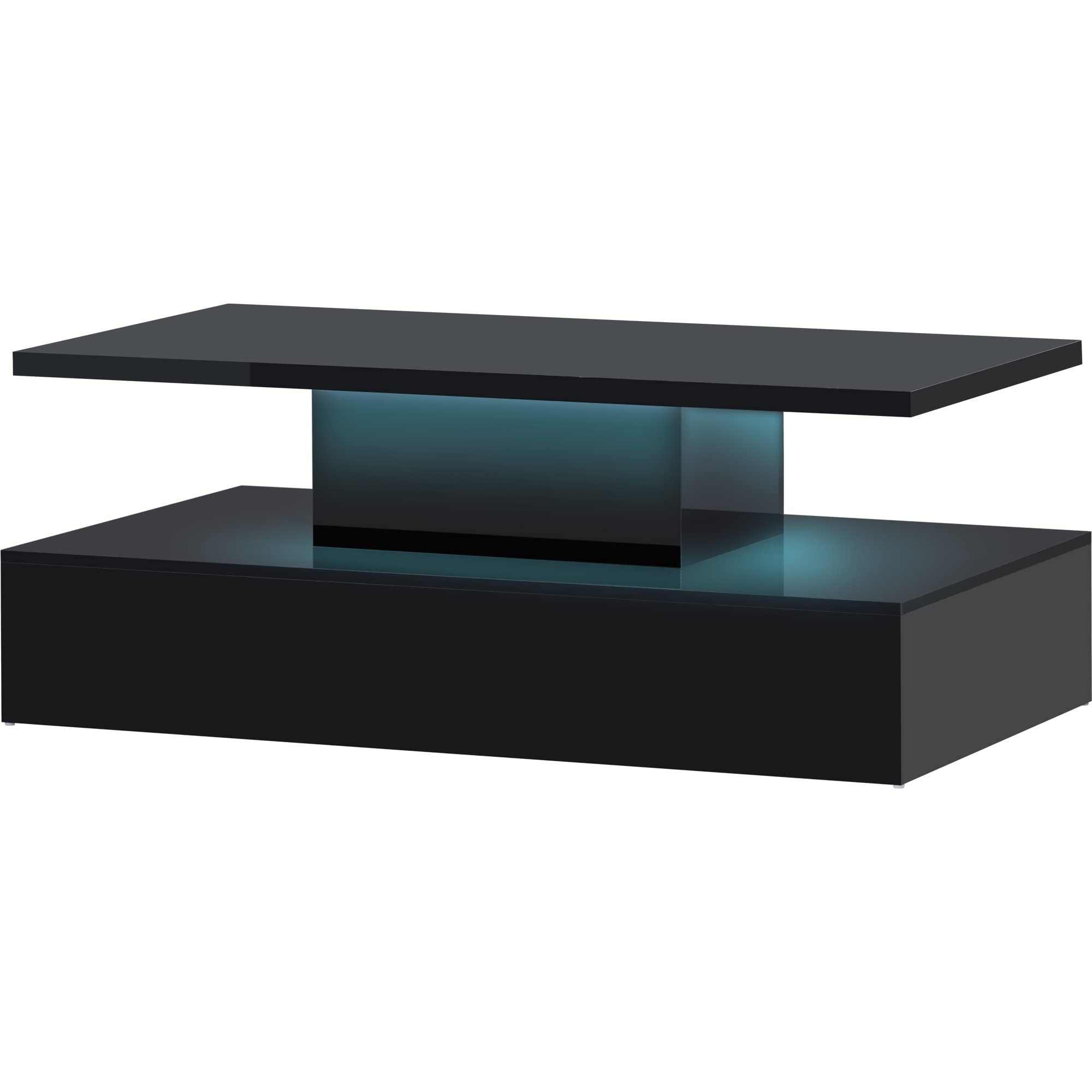 Modern LED Coffee Table - High Gloss Black Wood Cocktail Center Table with 16-Color RGB Lighting & Remote Control - Stylish Rectangle Living Room Furniture for Bedroom, Lounge & Entertainment Spaces