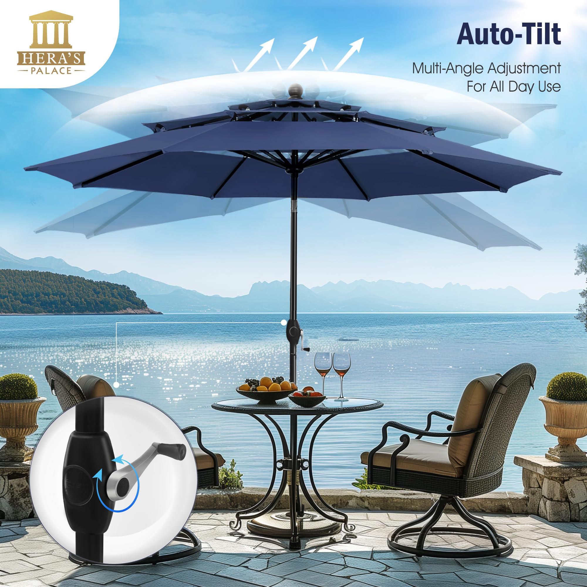 HERA'S PALACE 10 Ft 3-Tier Outdoor Patio Umbrella with Ventilation & Tilt Adjustment - UV Protection Sun Shade for Backyard, Pool, Garden, Deck, and Outdoor Dining
