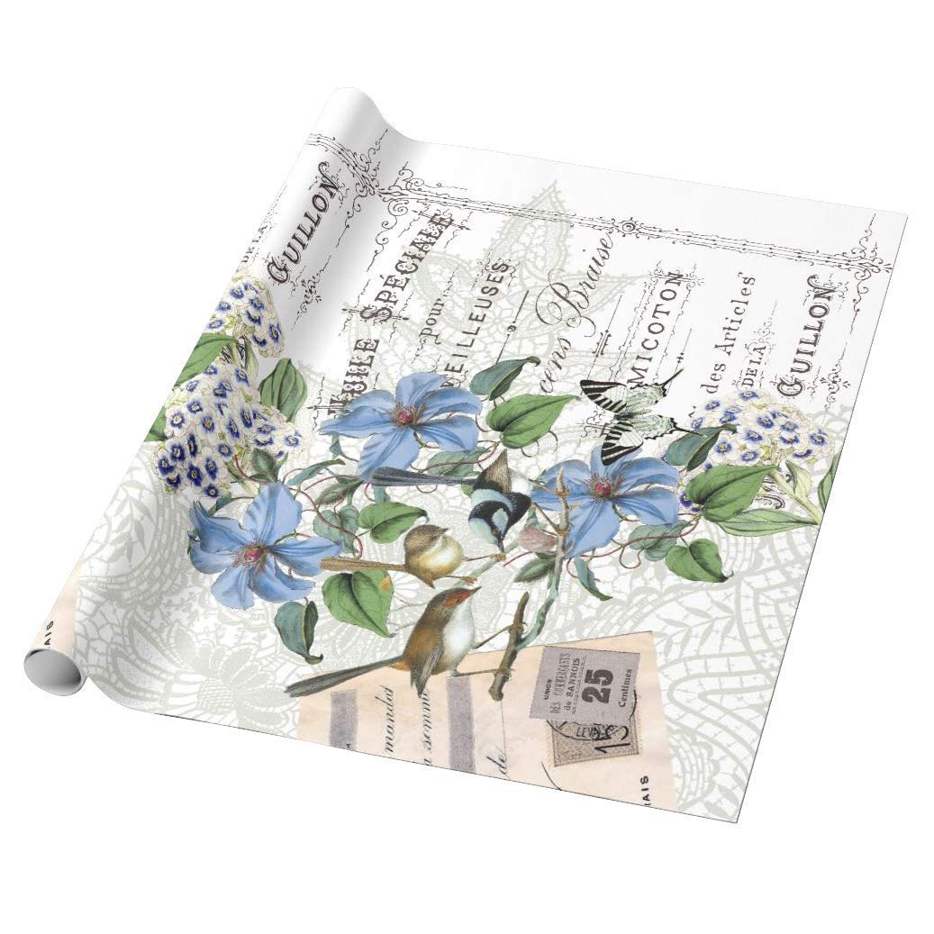 Blue Clematis and Birds Gift Wrap Sheets - Eco-Friendly Wrapping Paper for Birthdays, Weddings & Holidays - Premium Craft Paper for DIY Gifts and Scrapbooking
