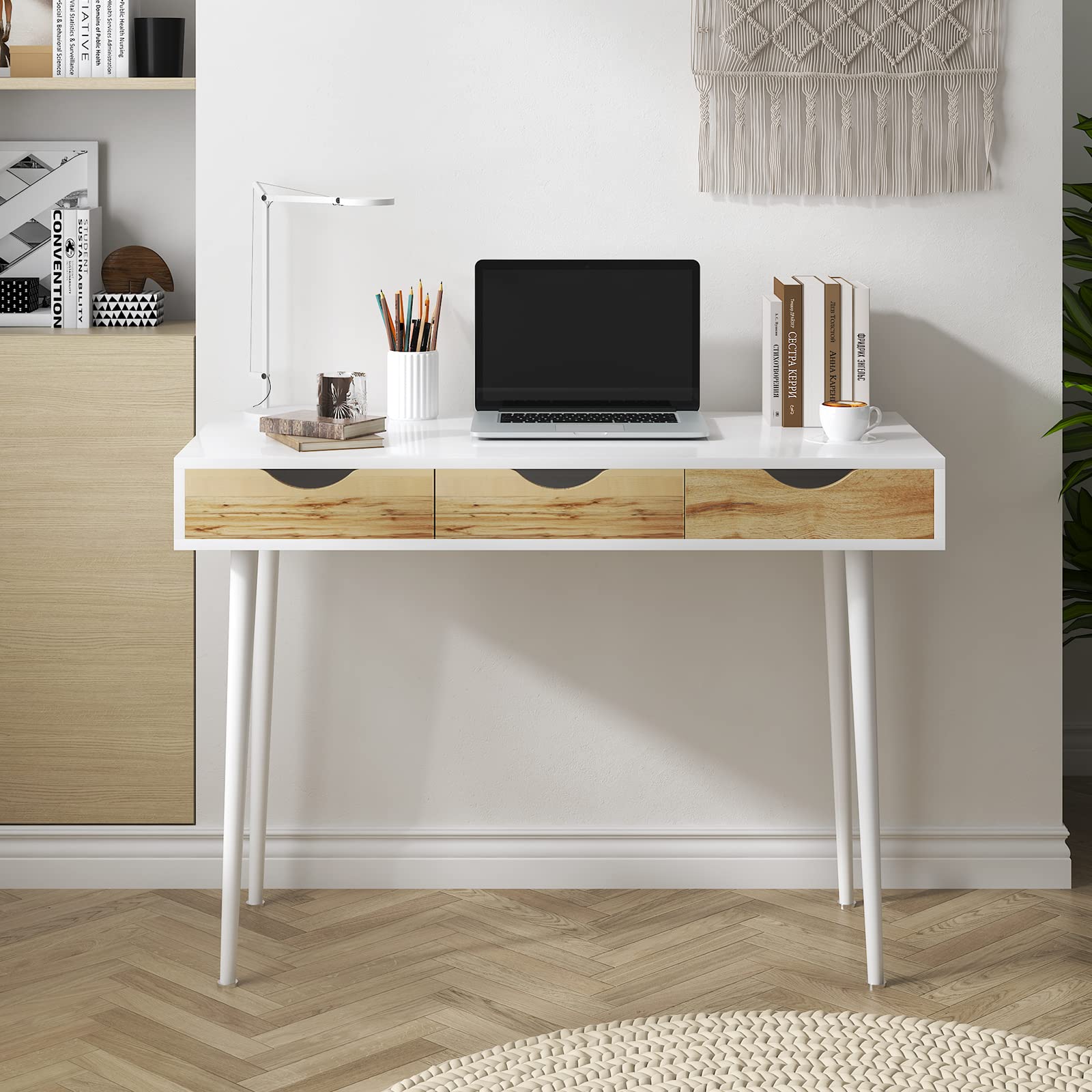 Mid Century Modern Computer Desk with 3 Drawers - 43 Inch Office Writing Desk, Study Table & Vanity Makeup Desk for Home Office, Bedroom or Dorm Room | Sturdy Workstation for Remote Work, Online Classes & Beauty Routine