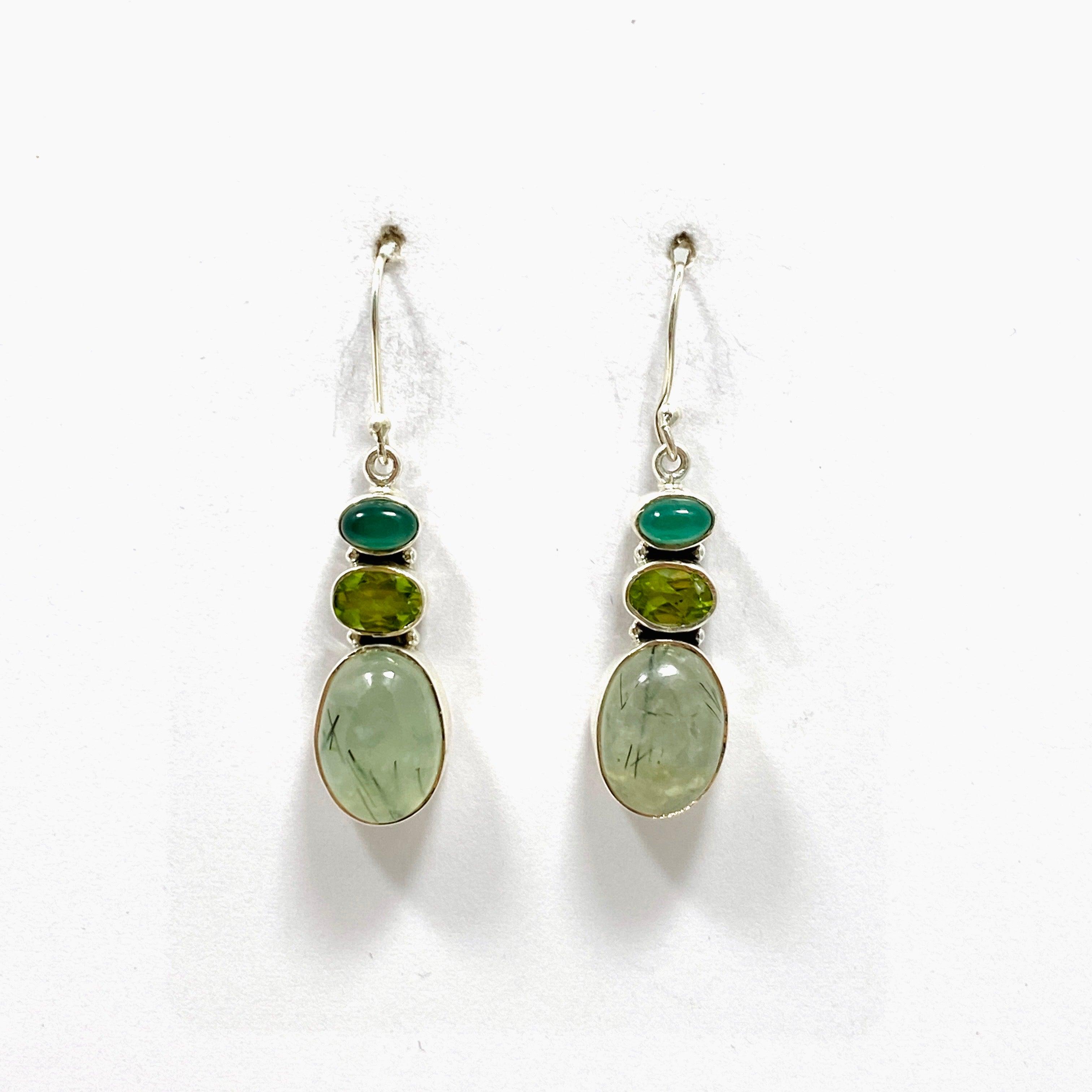 Natural Prehnite Peridot Green Chalcedony Multi-Stone Dangle Earrings for Women | Handmade Bohemian Jewelry | Perfect for Weddings, Parties & Special Occasions