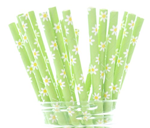 Eco-Friendly Green Daisy Flower Straws (25 Pack) - Biodegradable Summer Daisies Drinking Straws for Wedding, Garden Party & Baby Shower Decorations | Floral Themed Party Supplies, Bridal Shower Favors, Outdoor Picnic Accessories