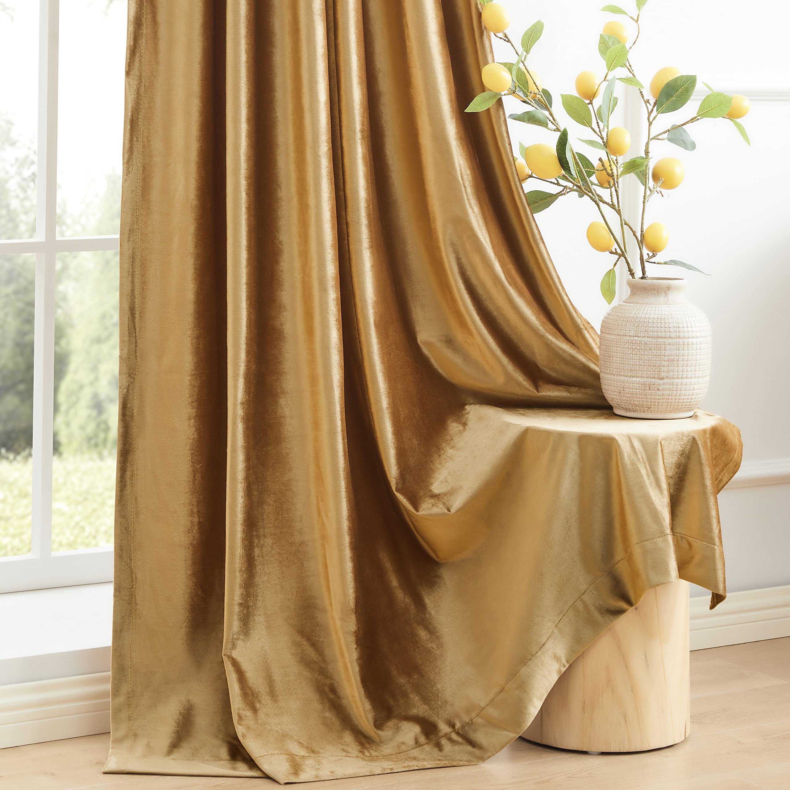 Premium Blackout Curtains Set of 2 - 63 Inch Velvet Rod Pocket Drapes in Golden PRIMROSE for Living Room & Bedroom | Thermal Insulated Room Darkening Window Treatments for Better Sleep & Energy Savings