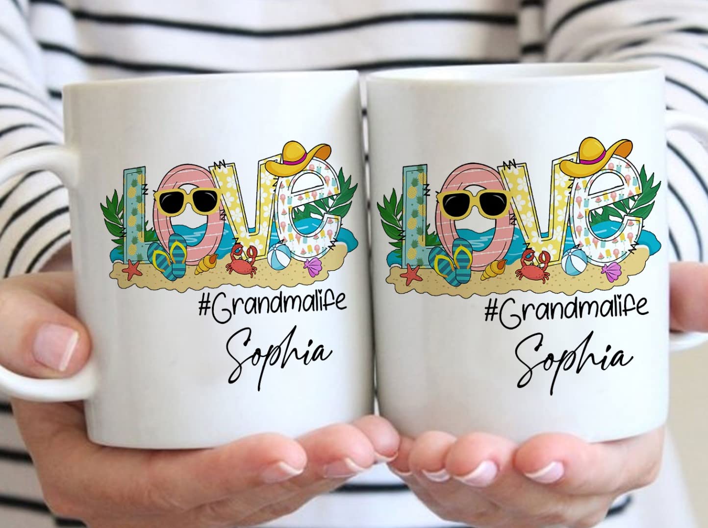Personalized Grandma Mug - Custom Engraved Coffee Cup for Grandma, Mom & Mother's Day - 15oz Ceramic Tea Mug (White/Midnight Blue) - Perfect for Mother's Day Gifts, Birthday Presents & Beach House Mornings
