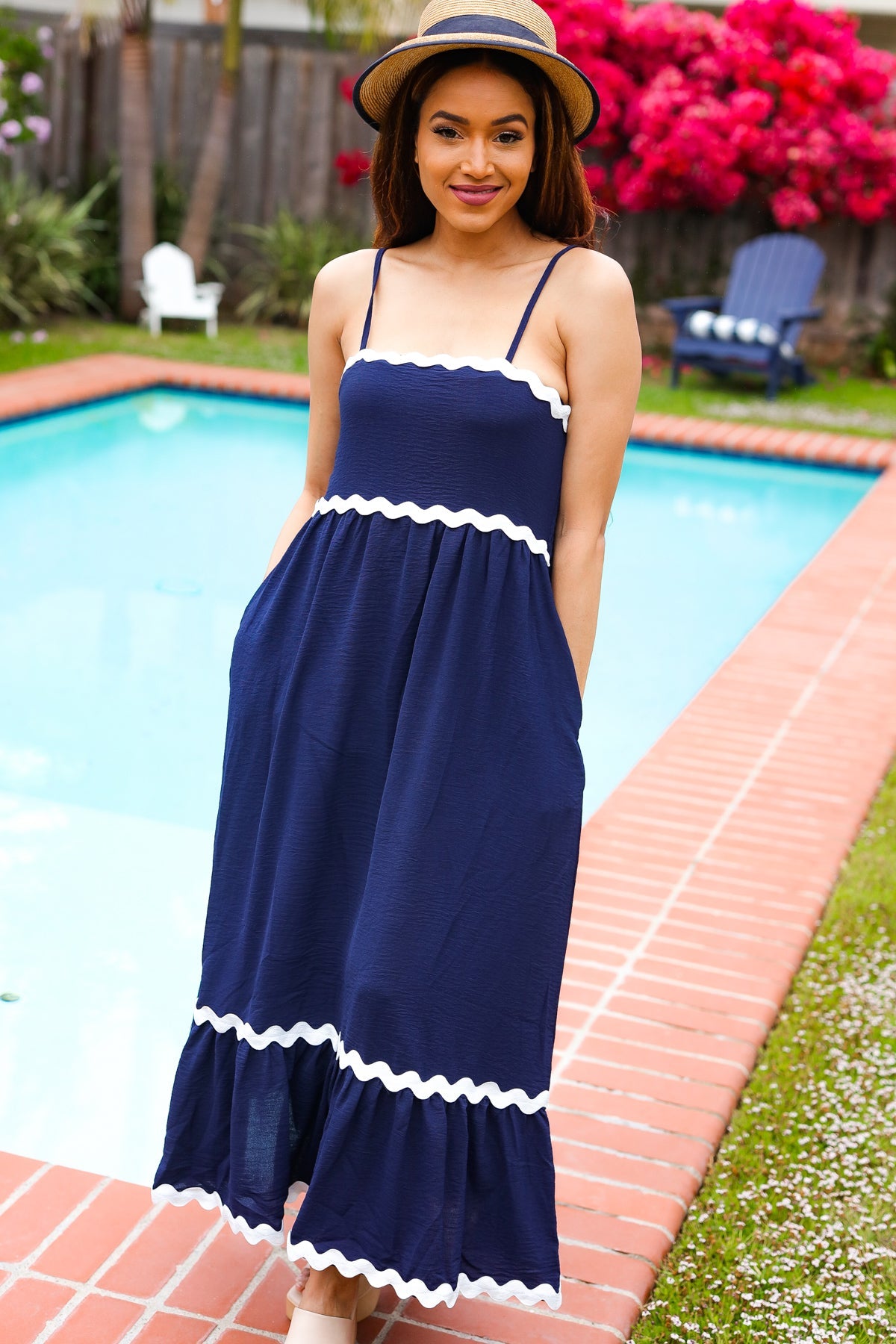 Bold & Sassy Navy Blue Square Neck Maxi Dress with Ric Rac Trim & Adjustable Straps - Perfect for Summer Beach Vacations, Date Nights & Boho Chic Outfits