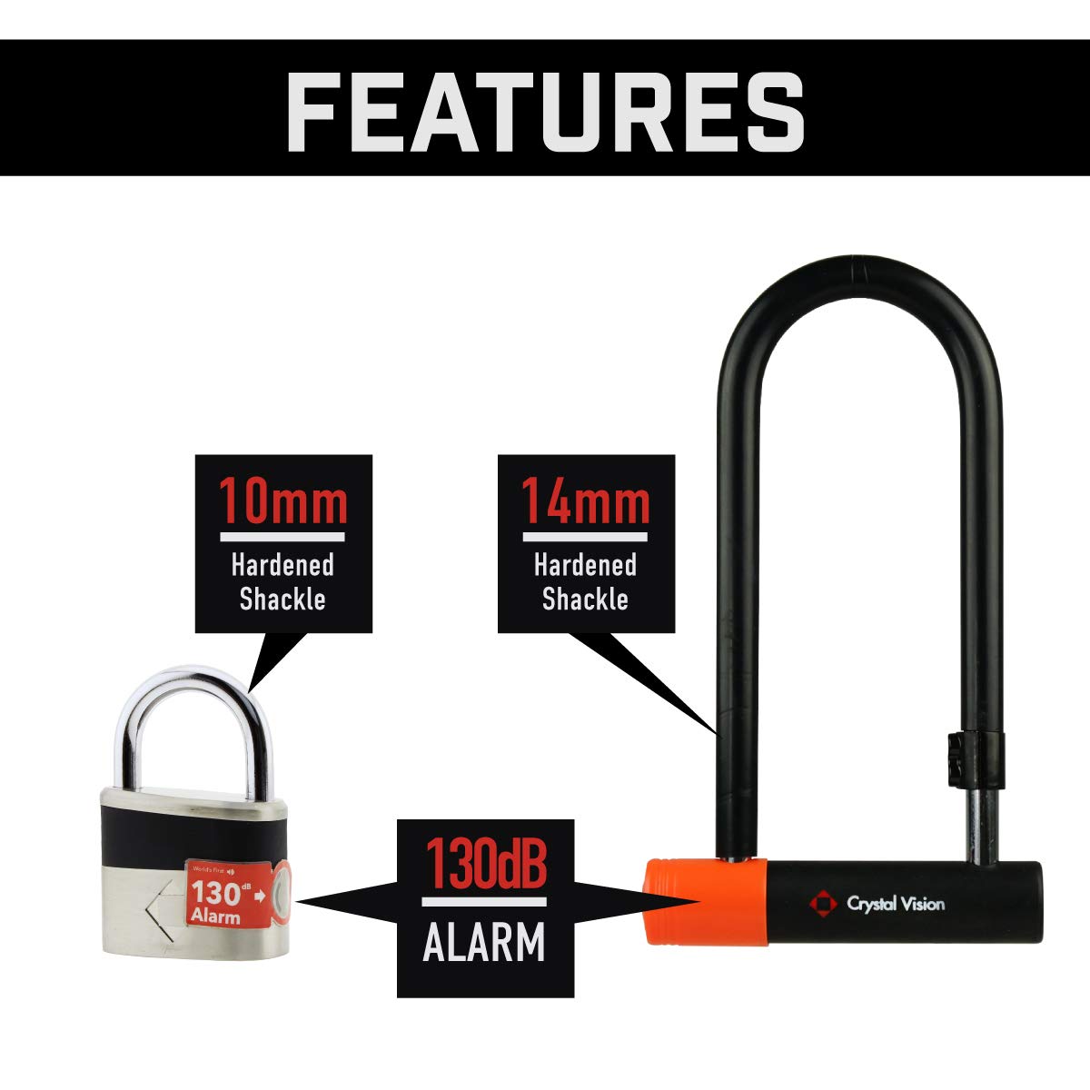 130db Anti-Theft Alarm Padlock & Bike U Lock Combo - Crystal Vision Security for Bicycles, Gates & Storage - Loud Alarm Deterrent for Outdoor Use