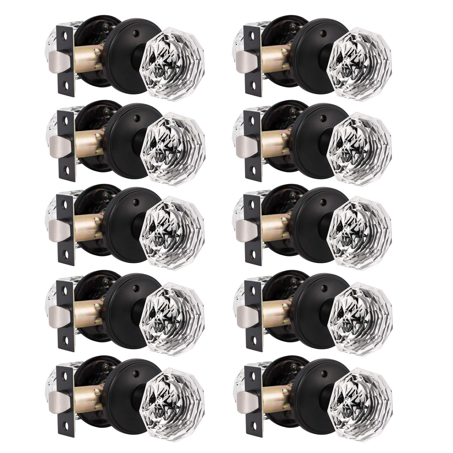 10 Pack Diamond Round Crystal Door Knobs - Matte Black Privacy Door Lock Set with Bed/Bath Function - Keyless Glass Door Handle for Interior Doors - Modern Black Finish for Bedrooms, Bathrooms & Closets