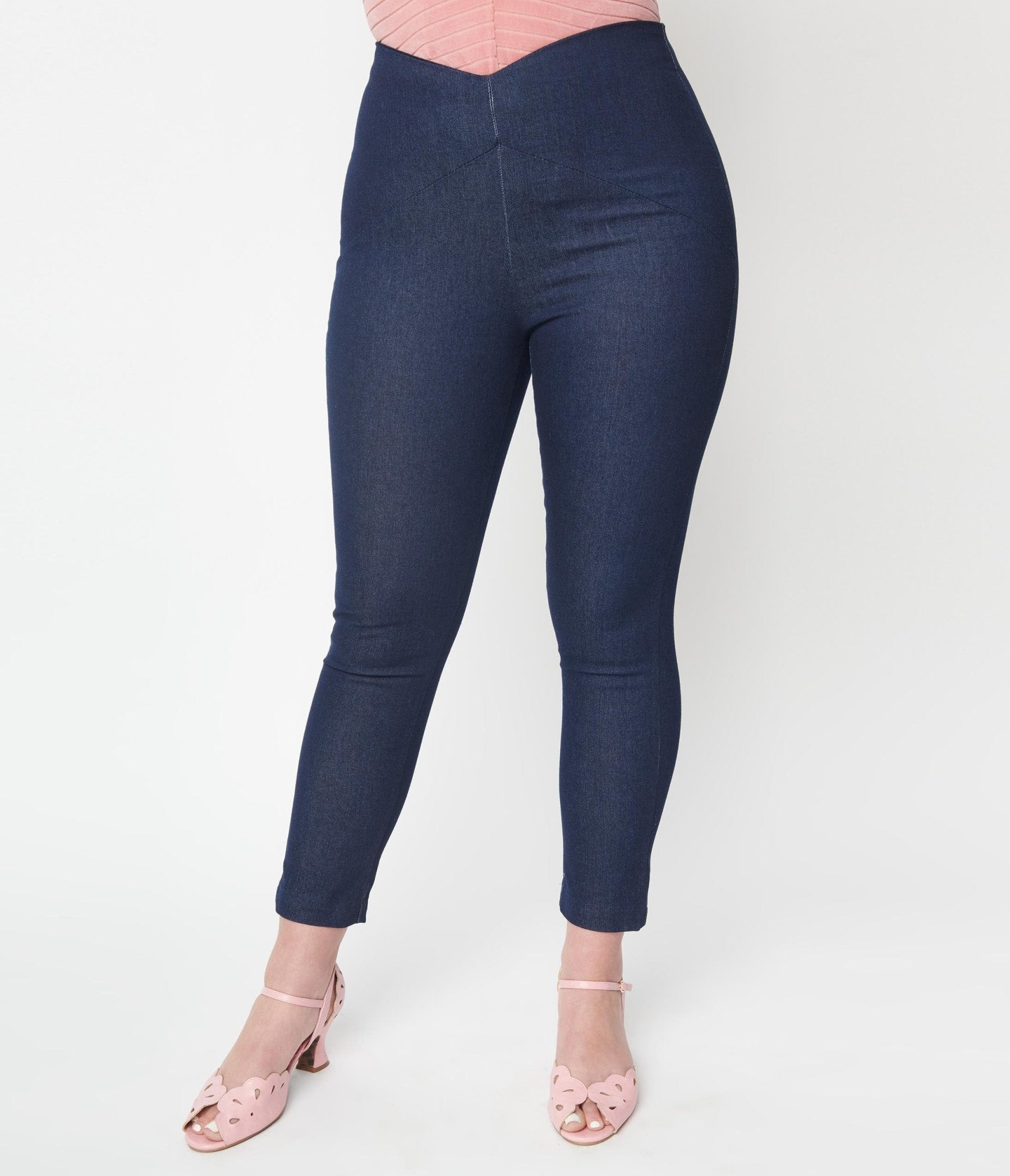 Vintage 1930s Dark Denim High Waist Crop Pants - Retro V-Shape Denim Trousers for Women | Perfect for Themed Parties, Cosplay & Vintage Fashion Outfits