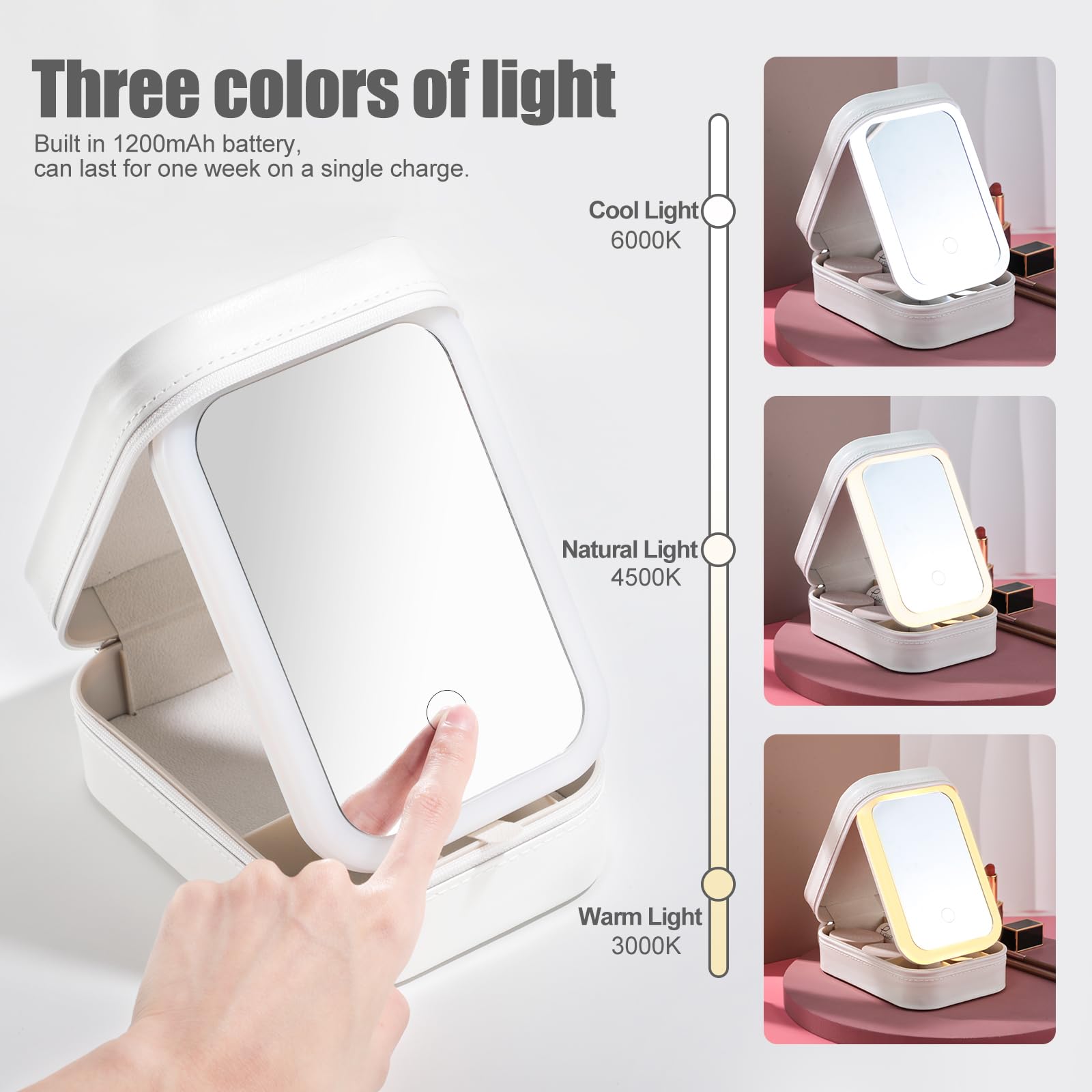 BS-MALL LED Makeup Mirror Case - Travel Cosmetic Storage for Brushes & Tools (White) - Perfect for On-the-Go Beauty