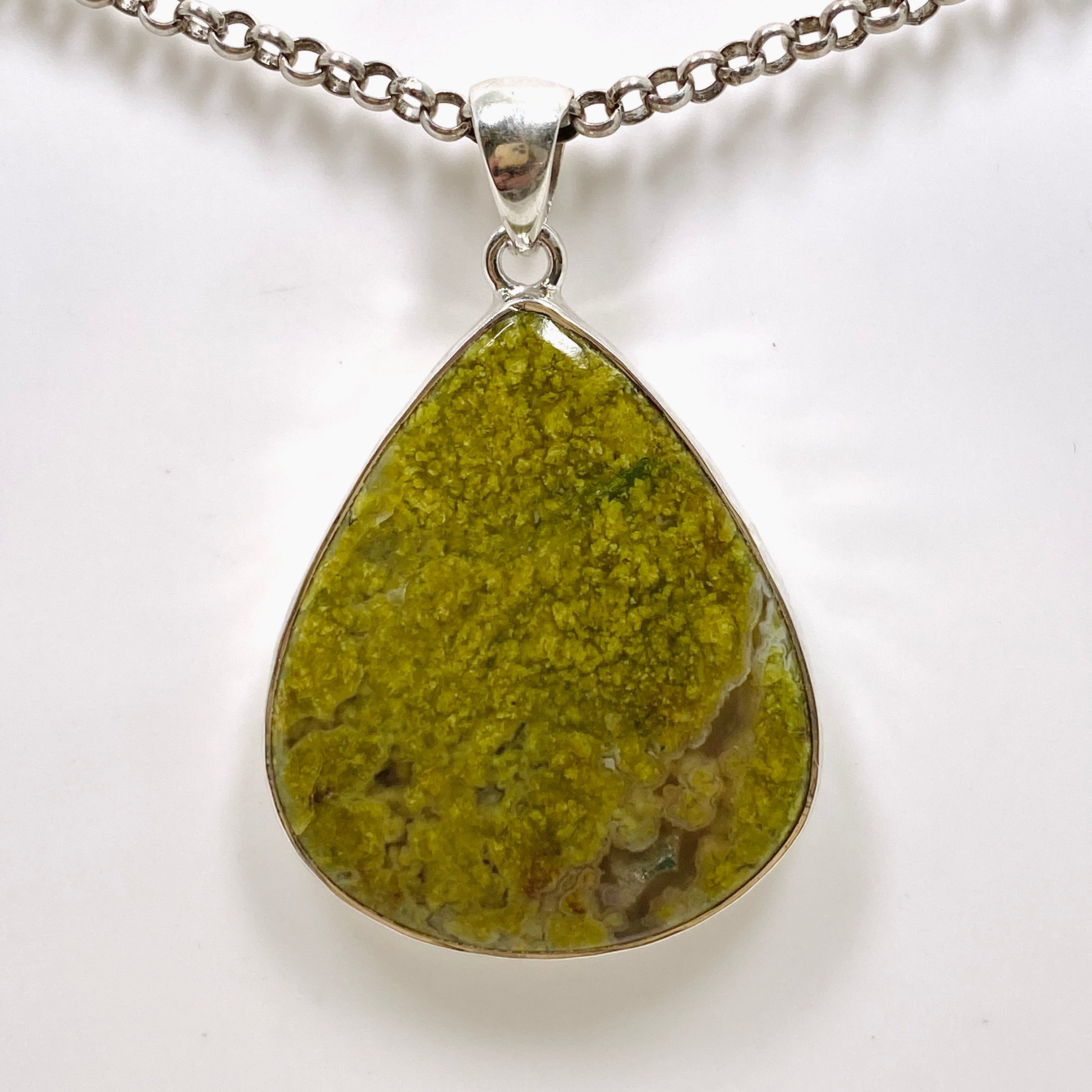 Natural Green Opal (Madagascar) Teardrop Cabochon Pendant Necklace - Handcrafted Hammered Sterling Silver Setting KPGJ4665 - Perfect for Boho Jewelry, Gift Giving & Special Occasions
