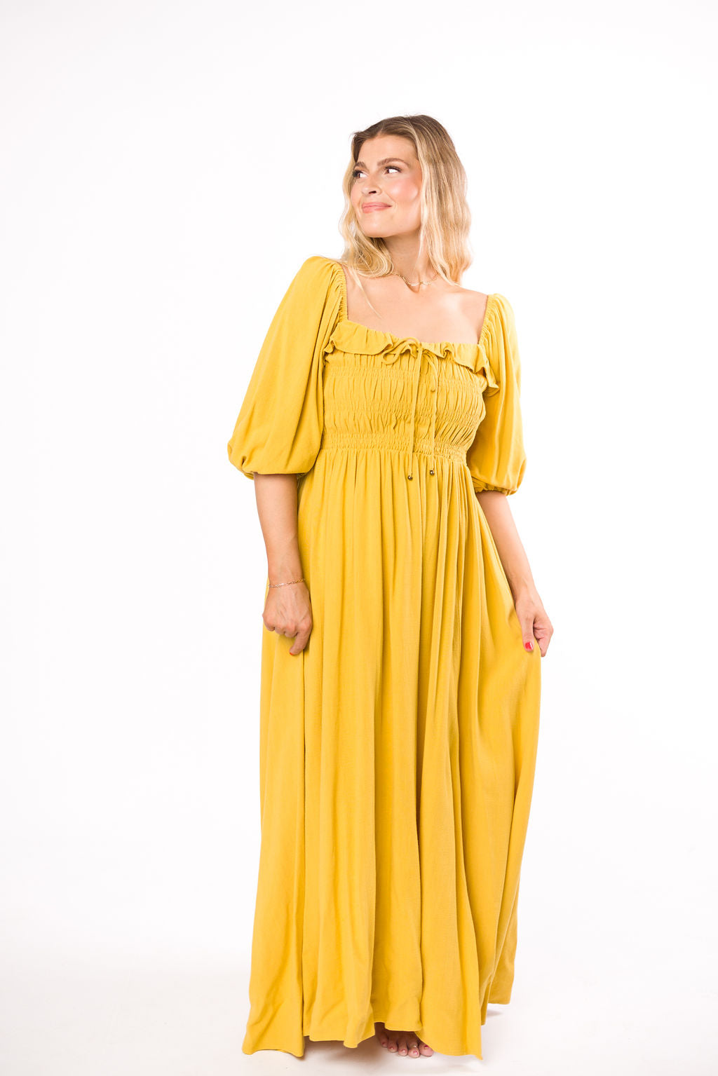 Devon Smocked Maternity Maxi Dress in Mustard Yellow - Bump Friendly Flowy Summer Dress for Pregnancy, Beach Vacations & Special Occasions