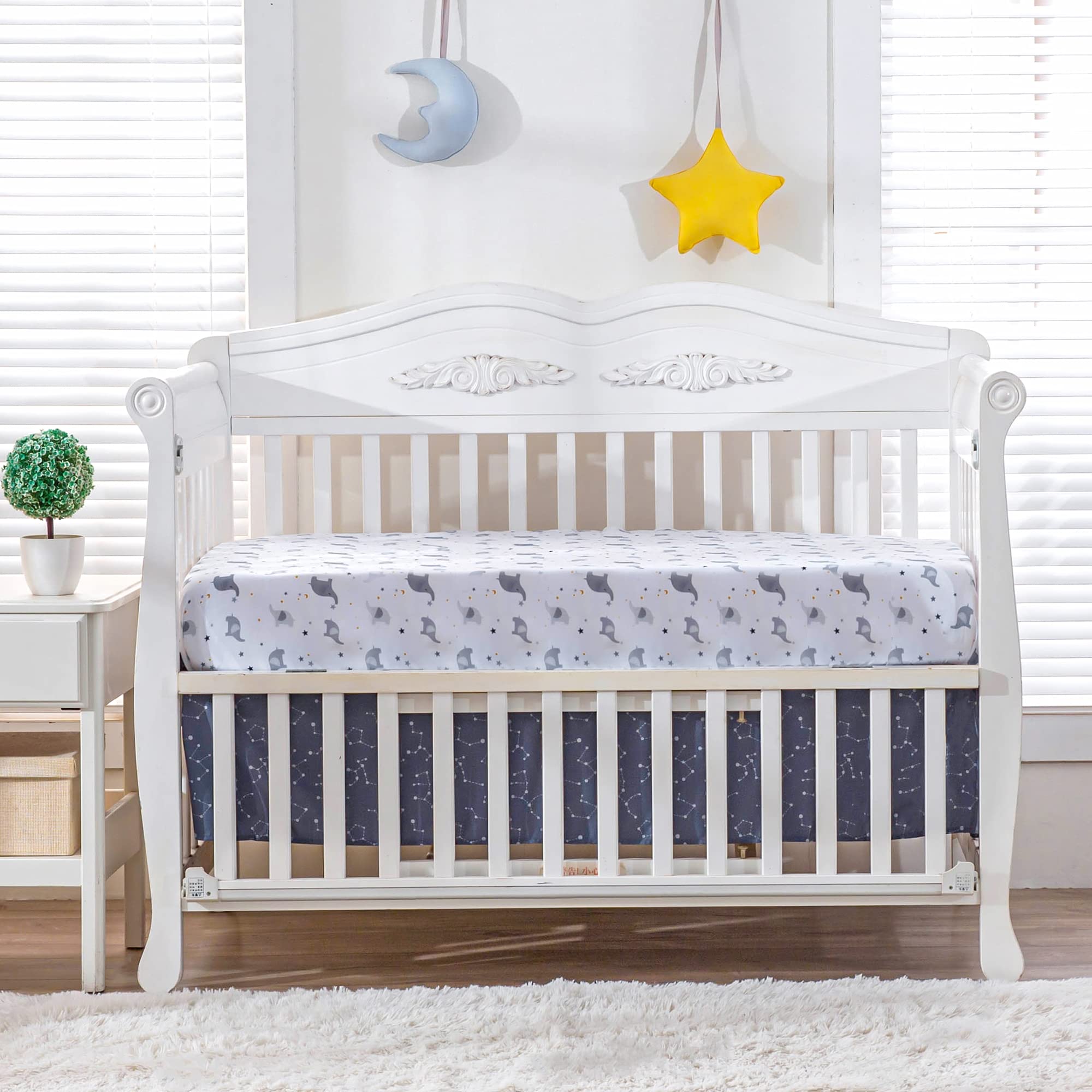 Jupeollon 3-Piece Baby Crib Bedding Set for Boys - Elephant Moon Star Theme Nursery Bedding | Soft Breathable Cotton | Includes Comforter, Fitted Sheet & Crib Skirt | Grey | Perfect for Newborns & Toddlers Nursery Decor