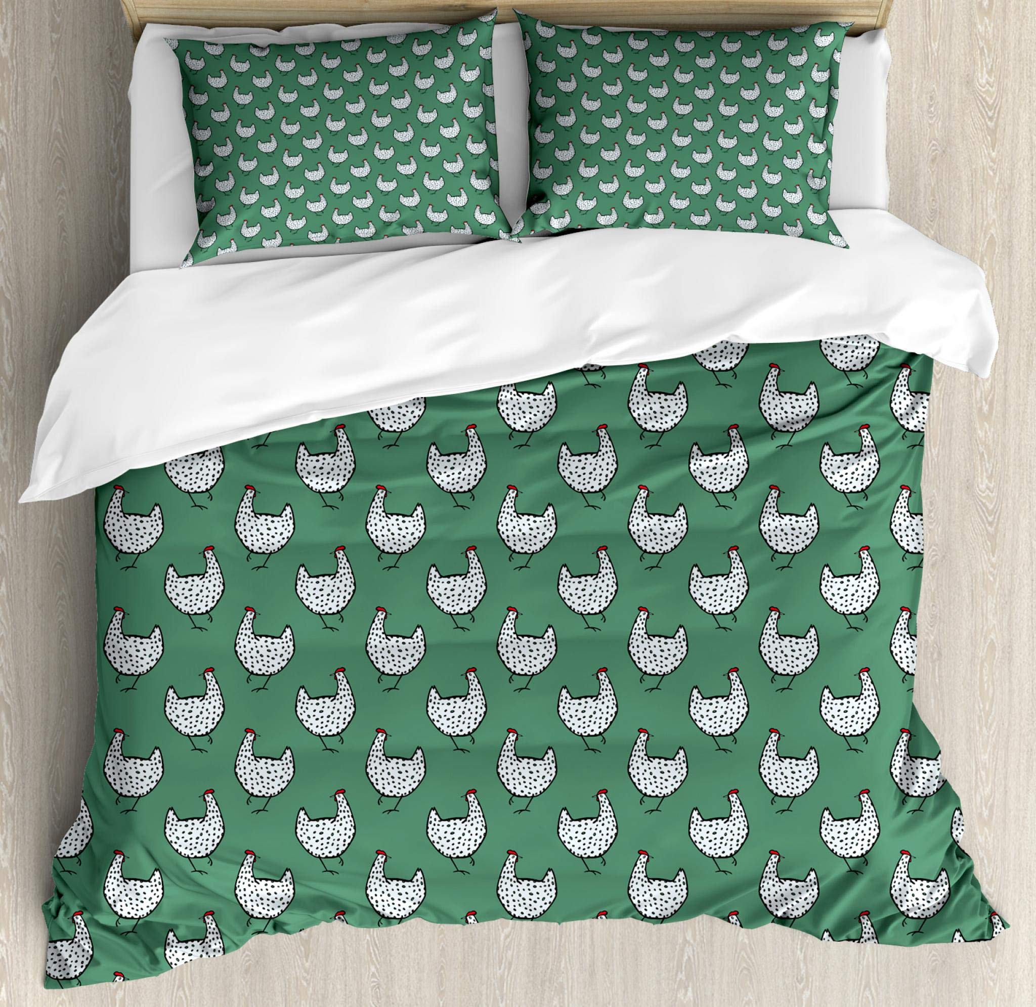 Lunarable Chicken Duvet Cover Set - Hand-Painted Farmland Ranch Poultry Design, 3-Piece Queen Size Bedding with 2 Pillow Shams in Forest Green & Vermilion | Farmhouse Decor, Country Style Bedroom, Cozy Poultry-Themed Home Decor for Chicken Lovers