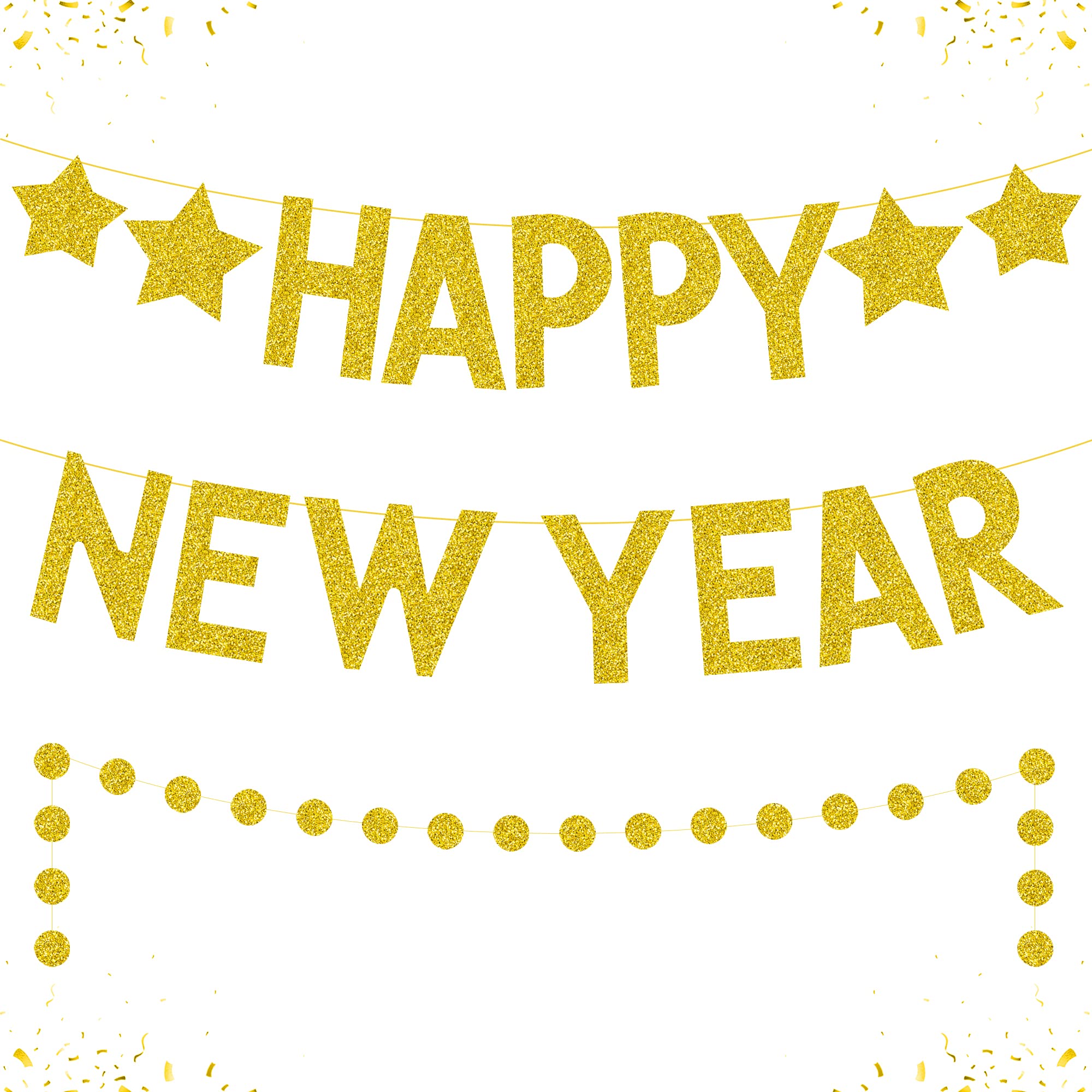 KatchOn Glitter Happy New Year Banner - 10ft Pre-Strung Gold Party Sign for 2025 New Year's Eve Decorations | Ready-to-Hang Celebration Backdrop for Home, Office & Holiday Parties